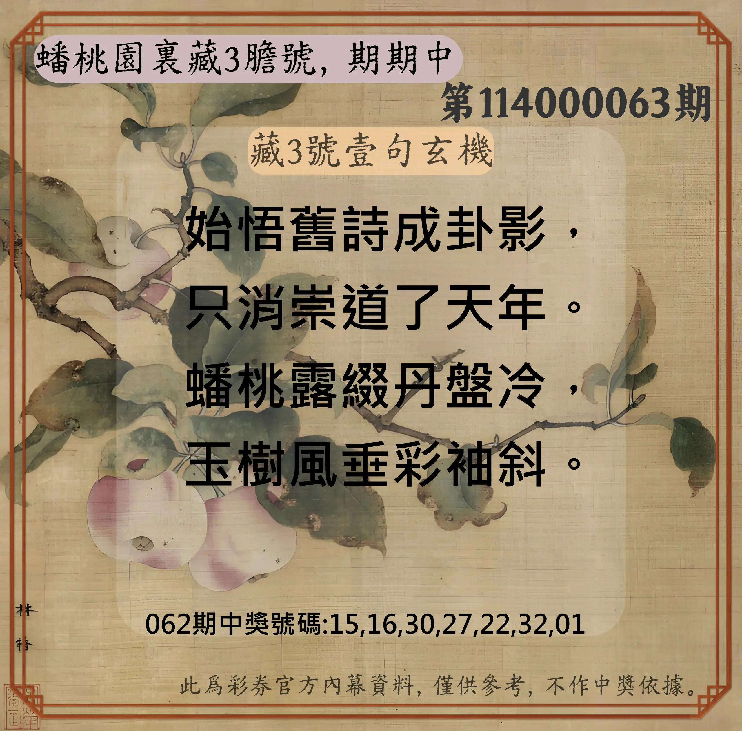 威力彩第114000063期(08/07)蟠桃園裏藏3膽號，期期中