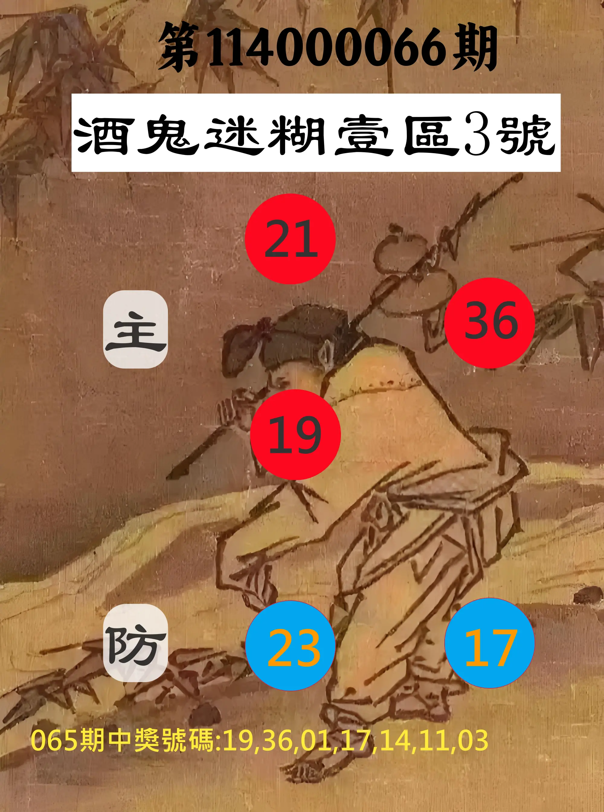 威力彩第114000066期(08/18)酒鬼迷糊壹區3號