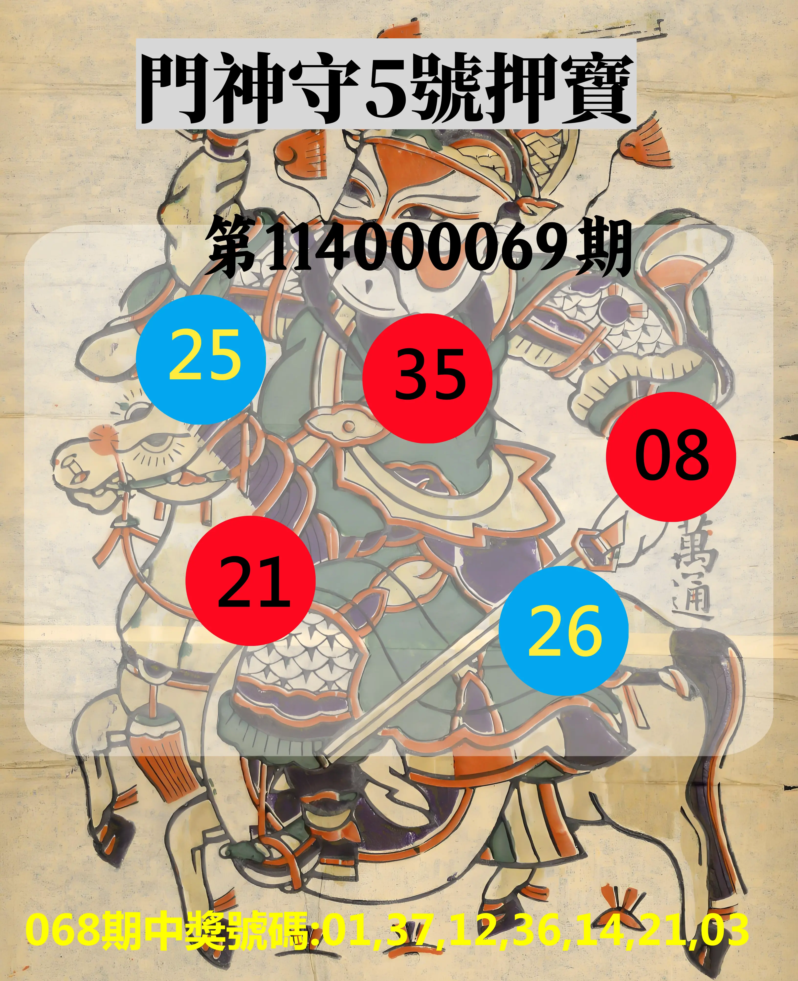 威力彩第114000069期(08/28)門神守5號押寶