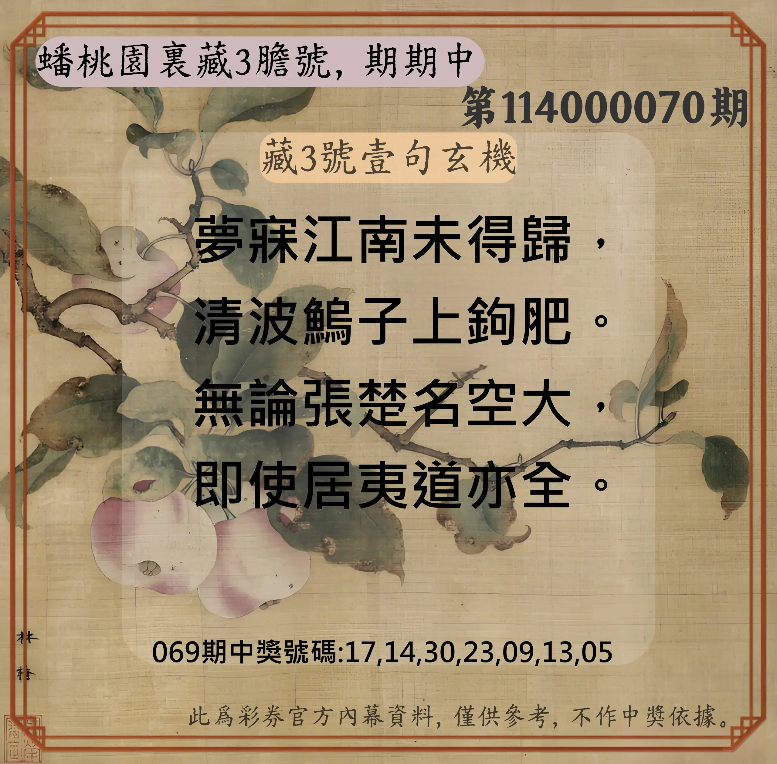 威力彩第114000070期(09/01)蟠桃園裏藏3膽號，期期中