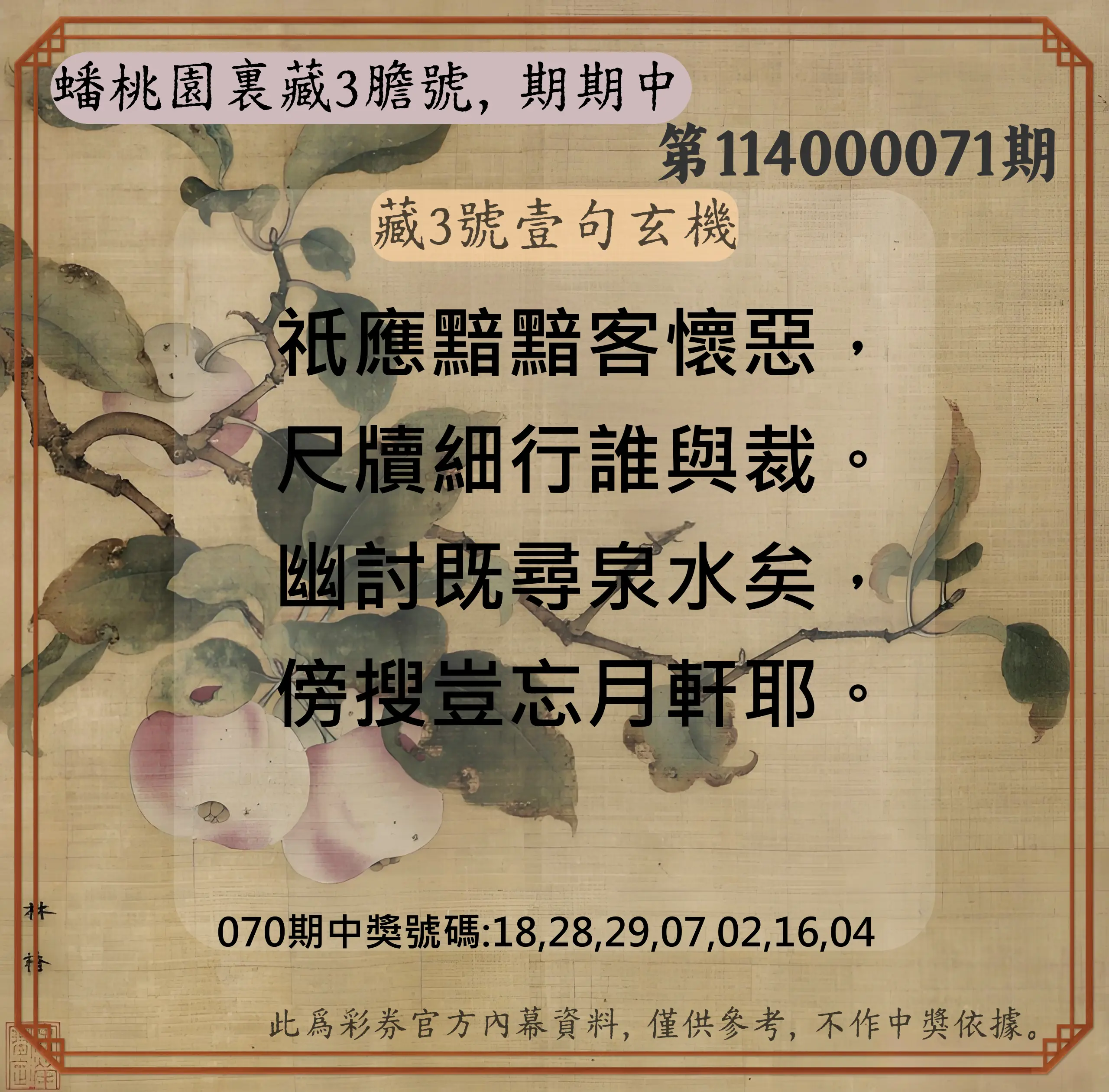 威力彩第114000071期(09/04)蟠桃園裏藏3膽號，期期中