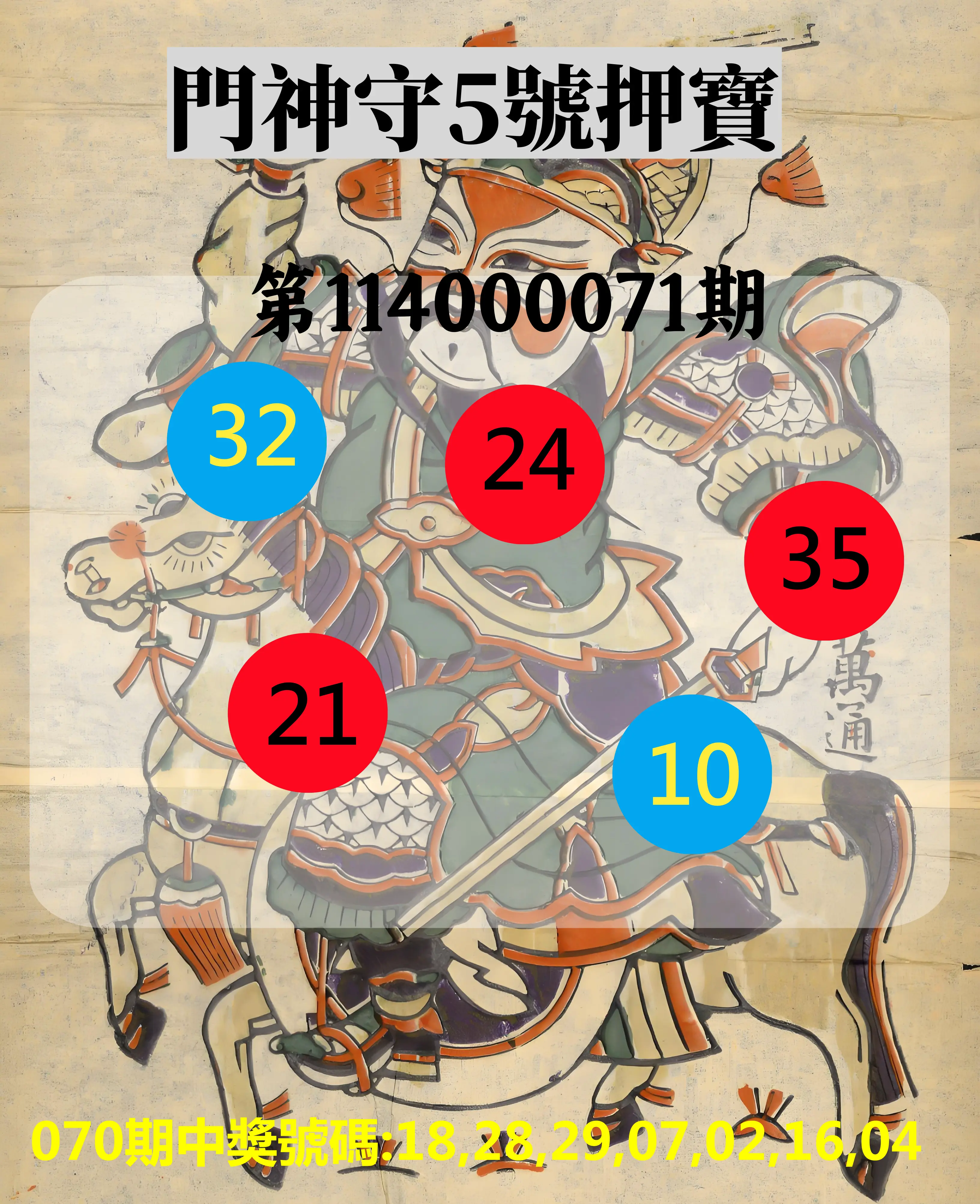 威力彩第114000071期(09/04)門神守5號押寶