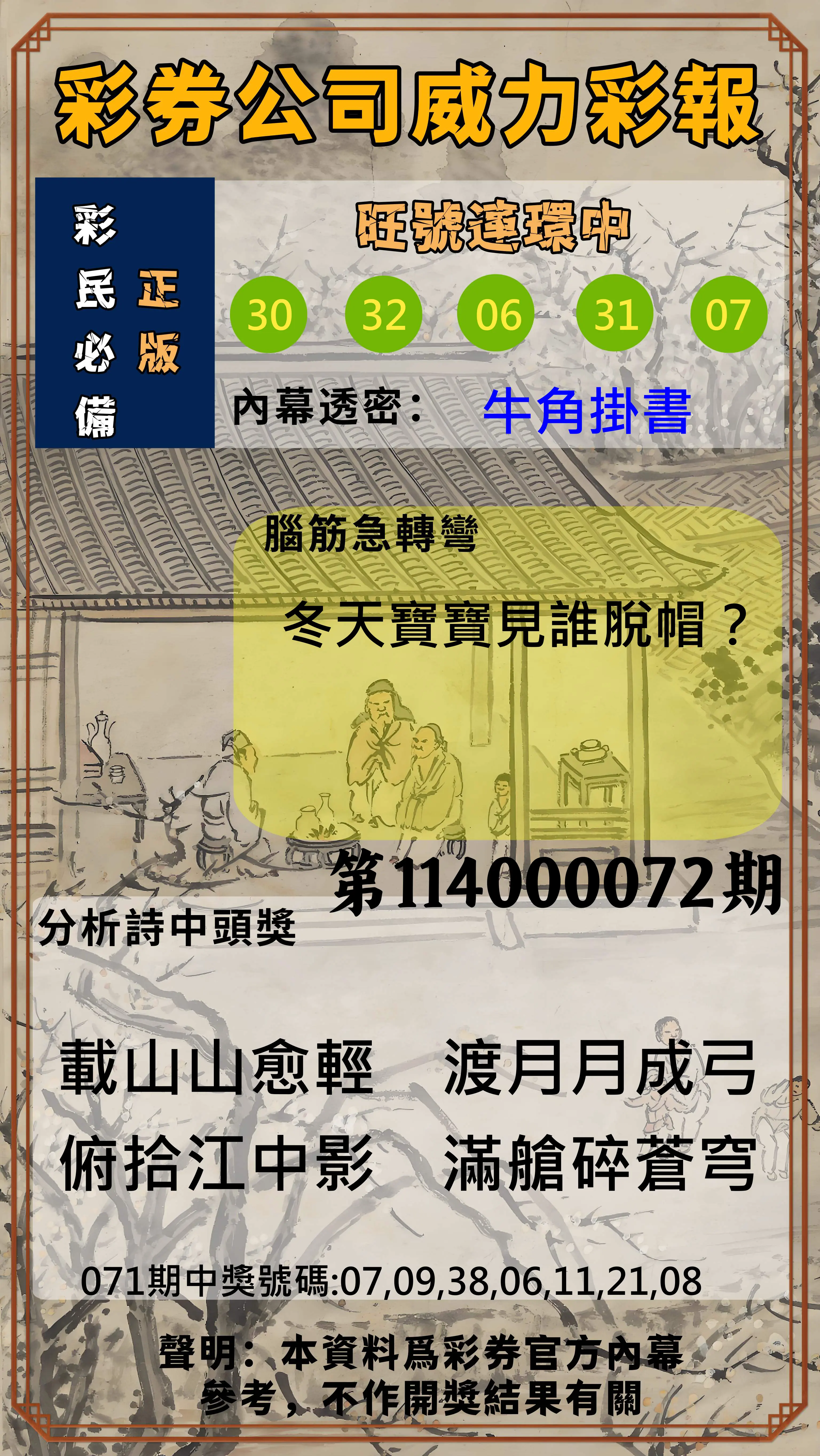 威力彩第114000072期(09/08)彩券公司威力彩報