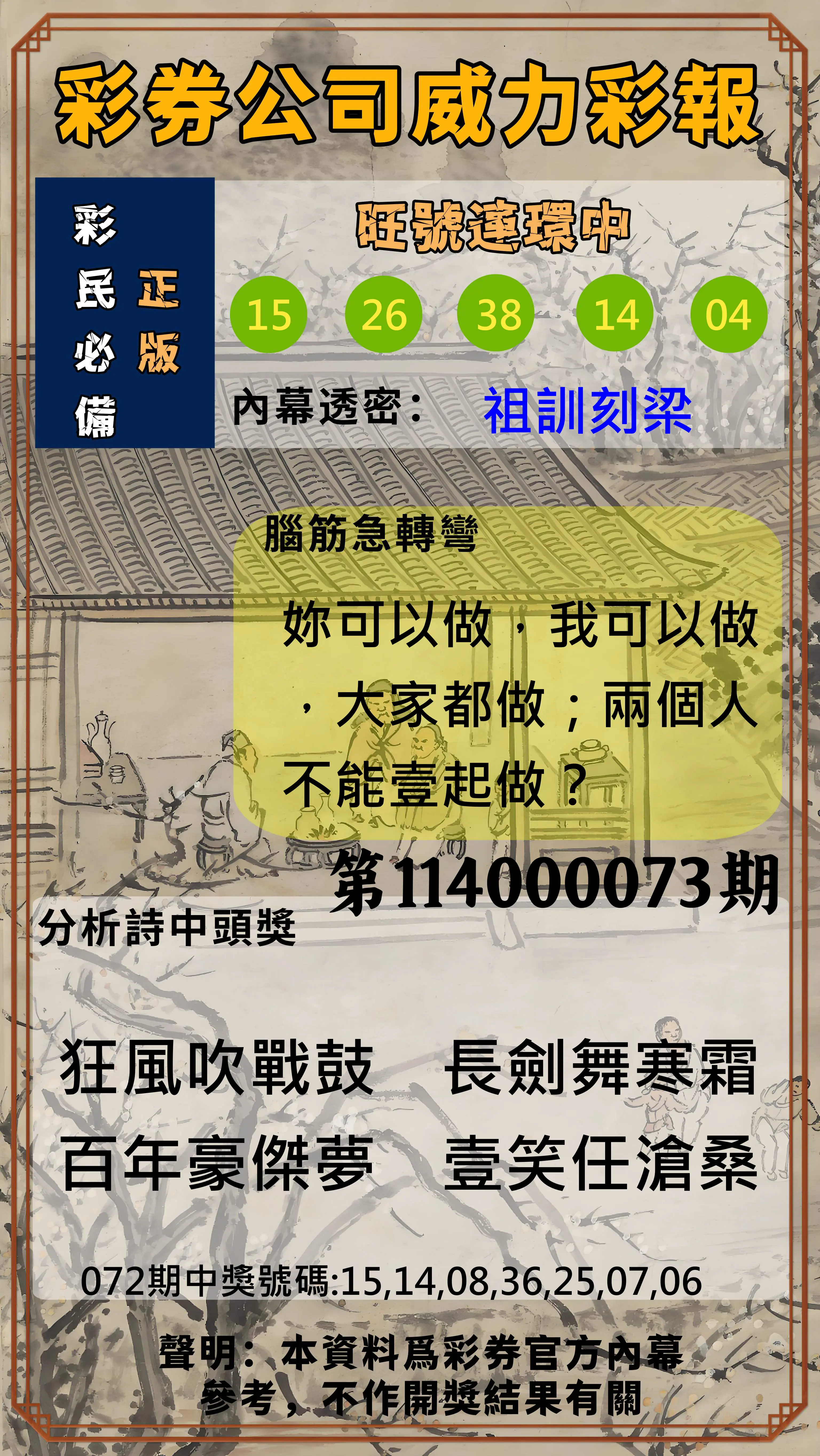 威力彩第114000073期(09/11)彩券公司威力彩報