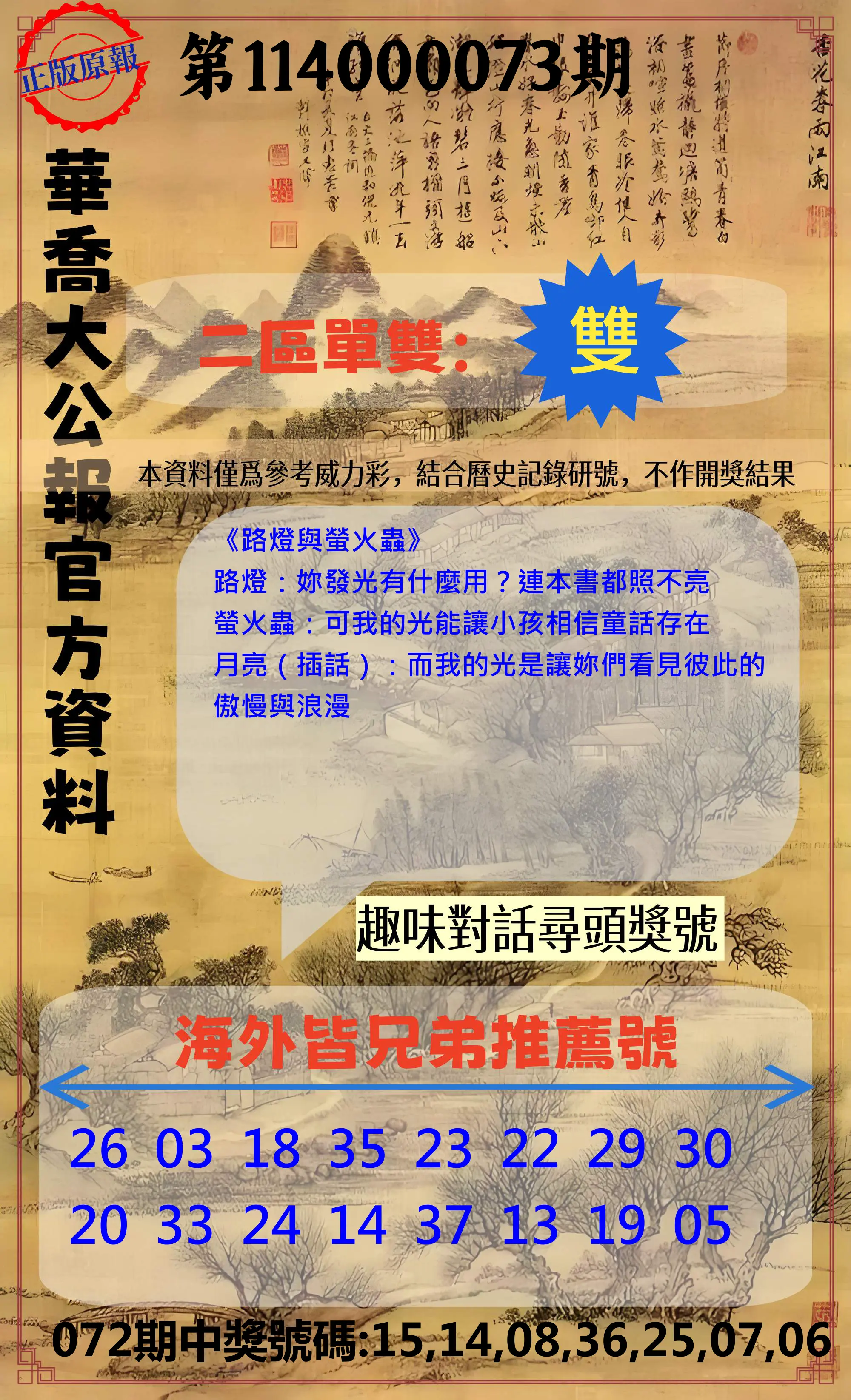 威力彩第114000073期(09/11)華喬大公報官方資料