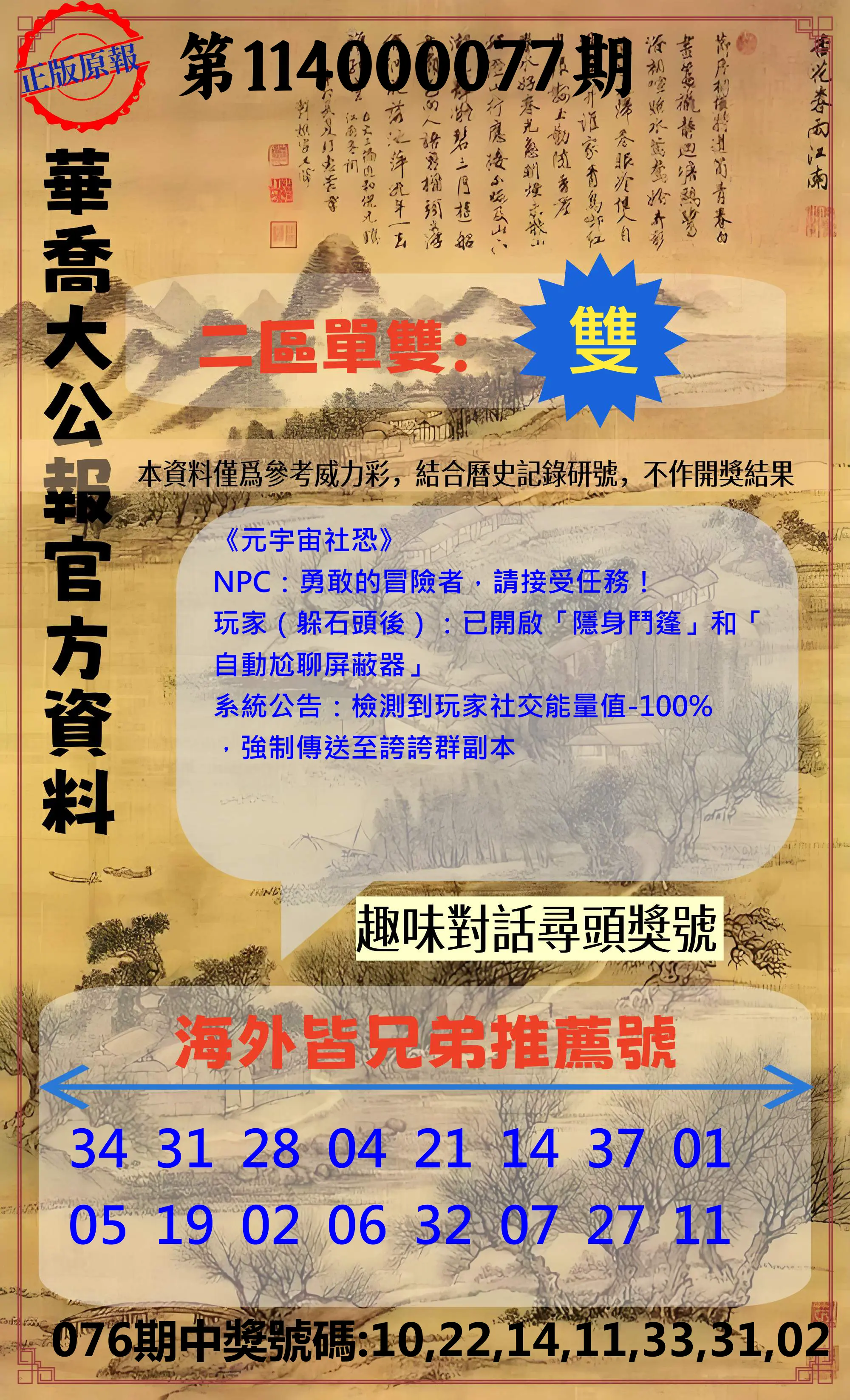 威力彩第114000077期(09/25)華喬大公報官方資料