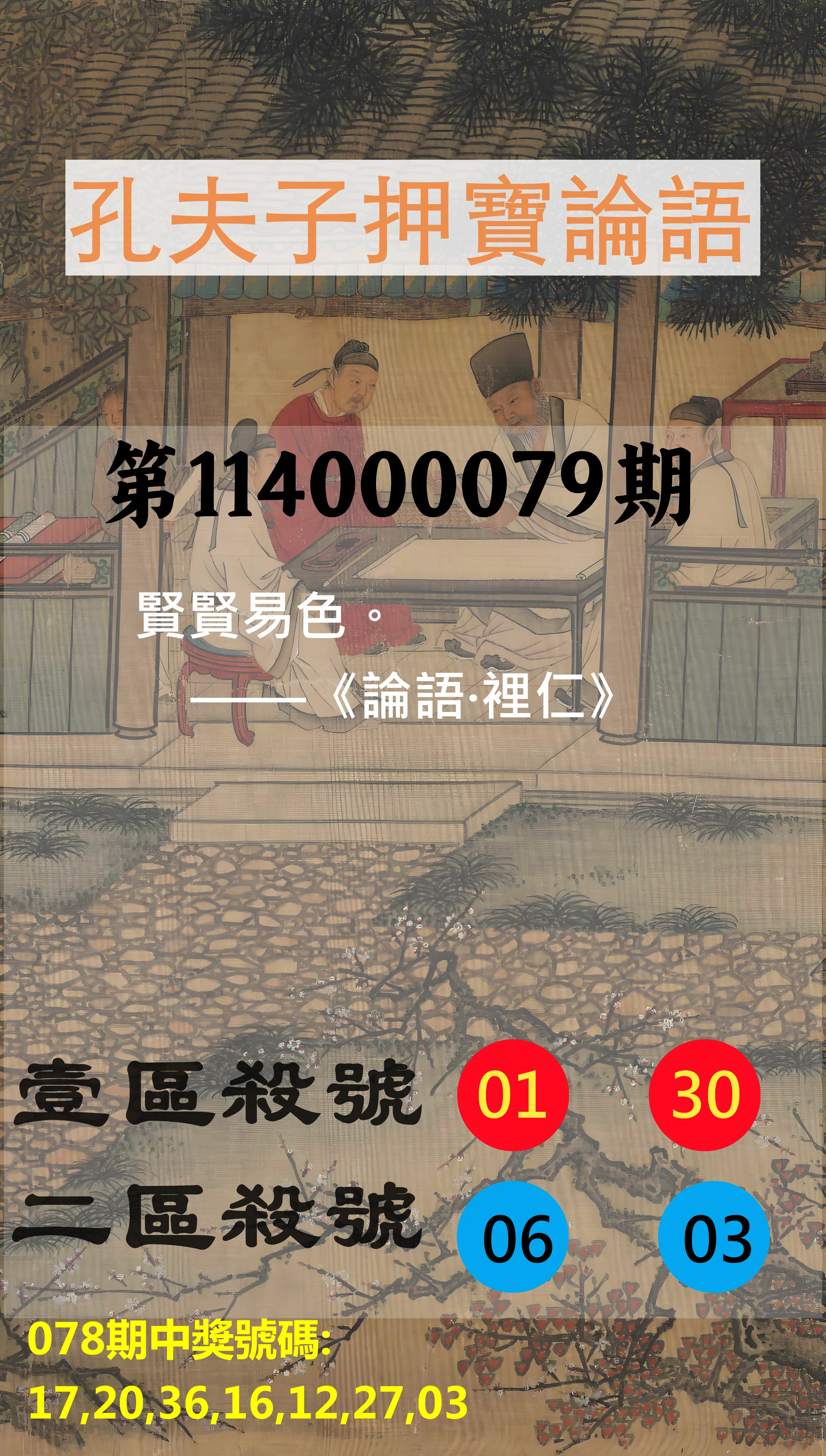 威力彩第114000079期(10/02)孔夫子押寶論語