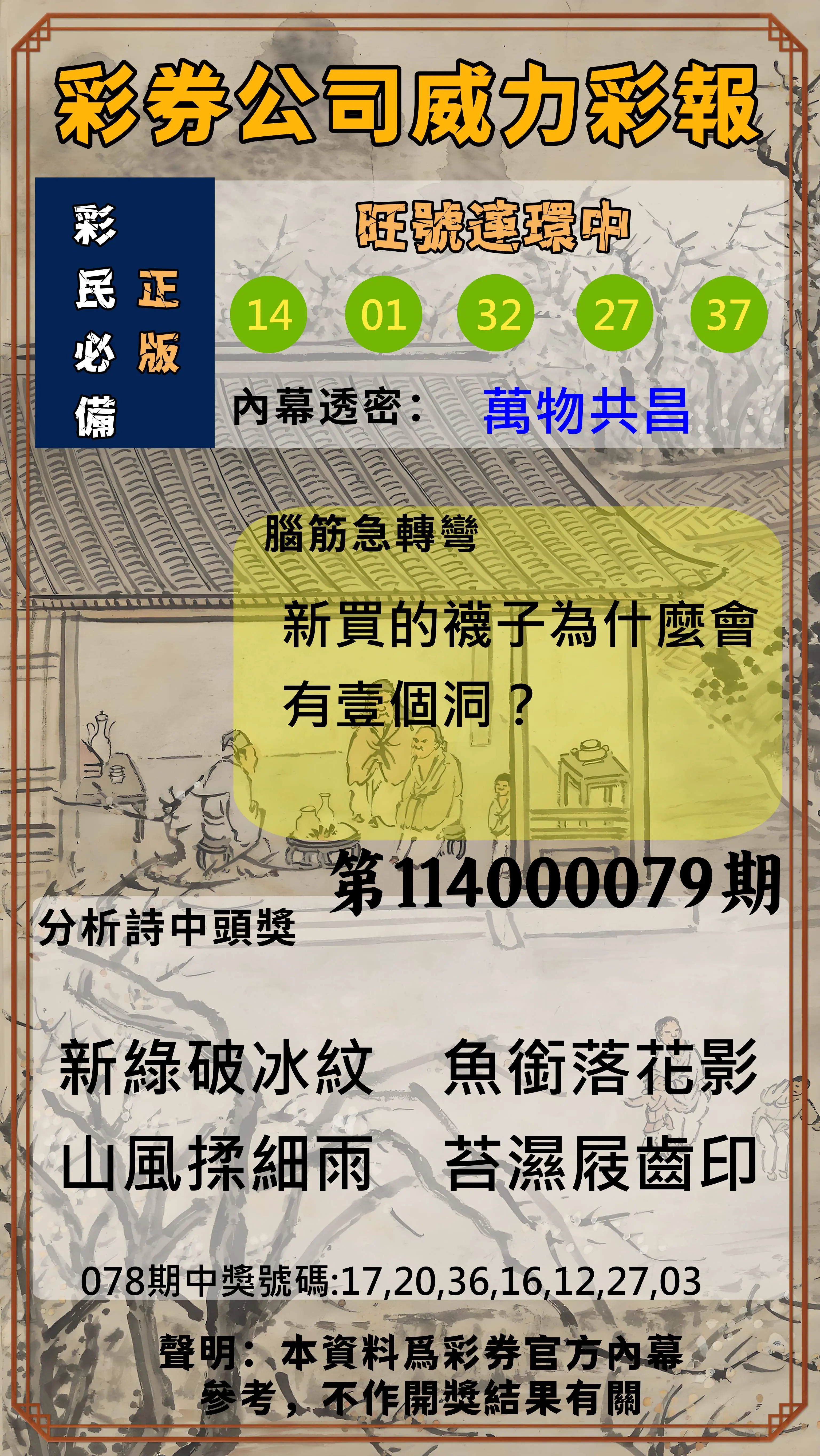 威力彩第114000079期(10/02)彩券公司威力彩報