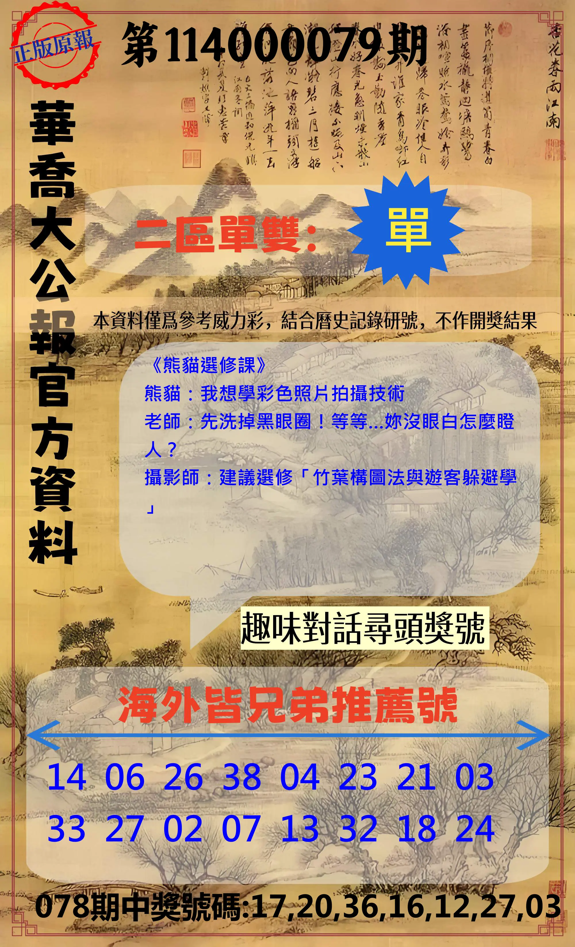 威力彩第114000079期(10/02)華喬大公報官方資料