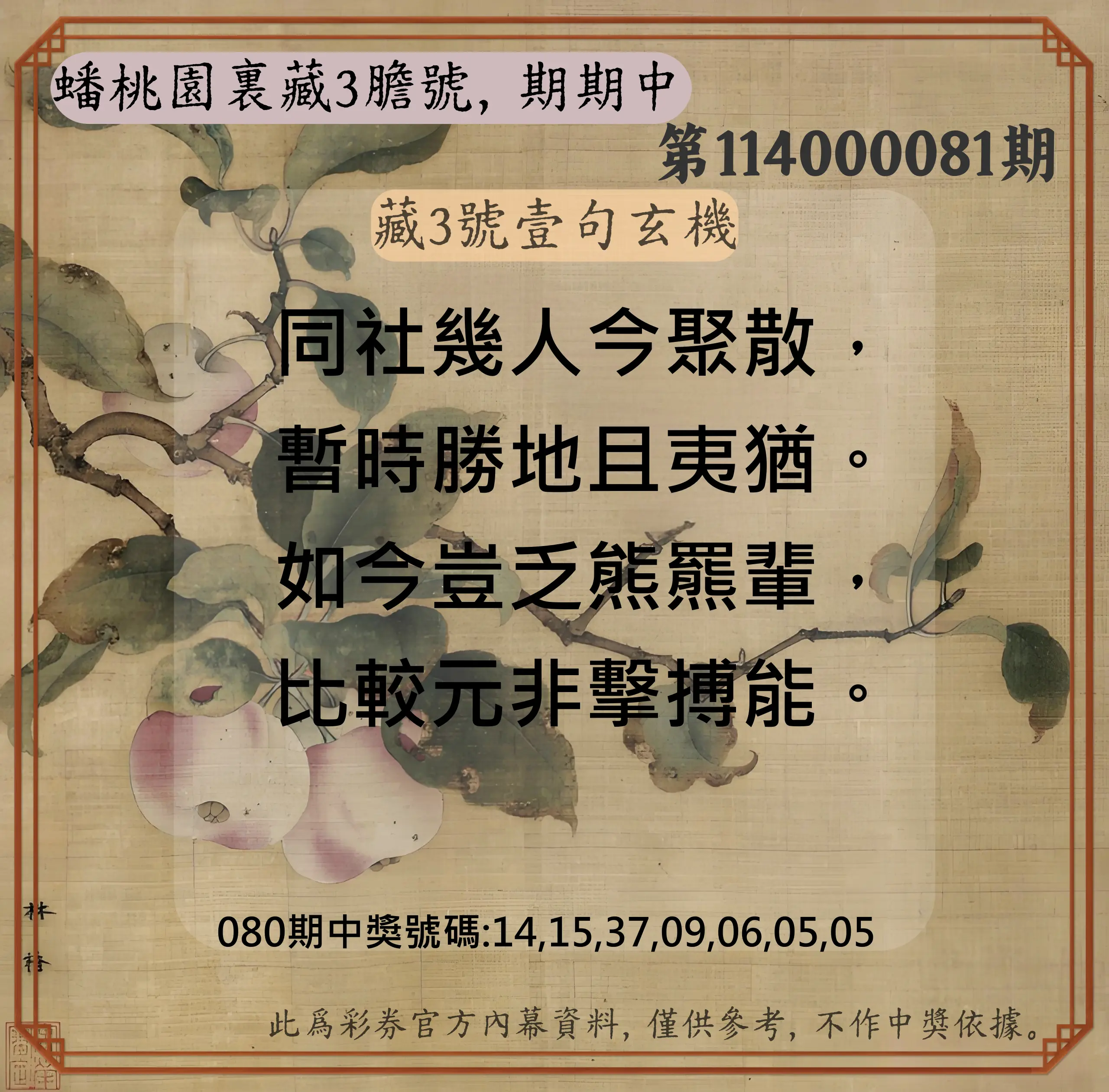 威力彩第114000081期(10/09)蟠桃園裏藏3膽號，期期中