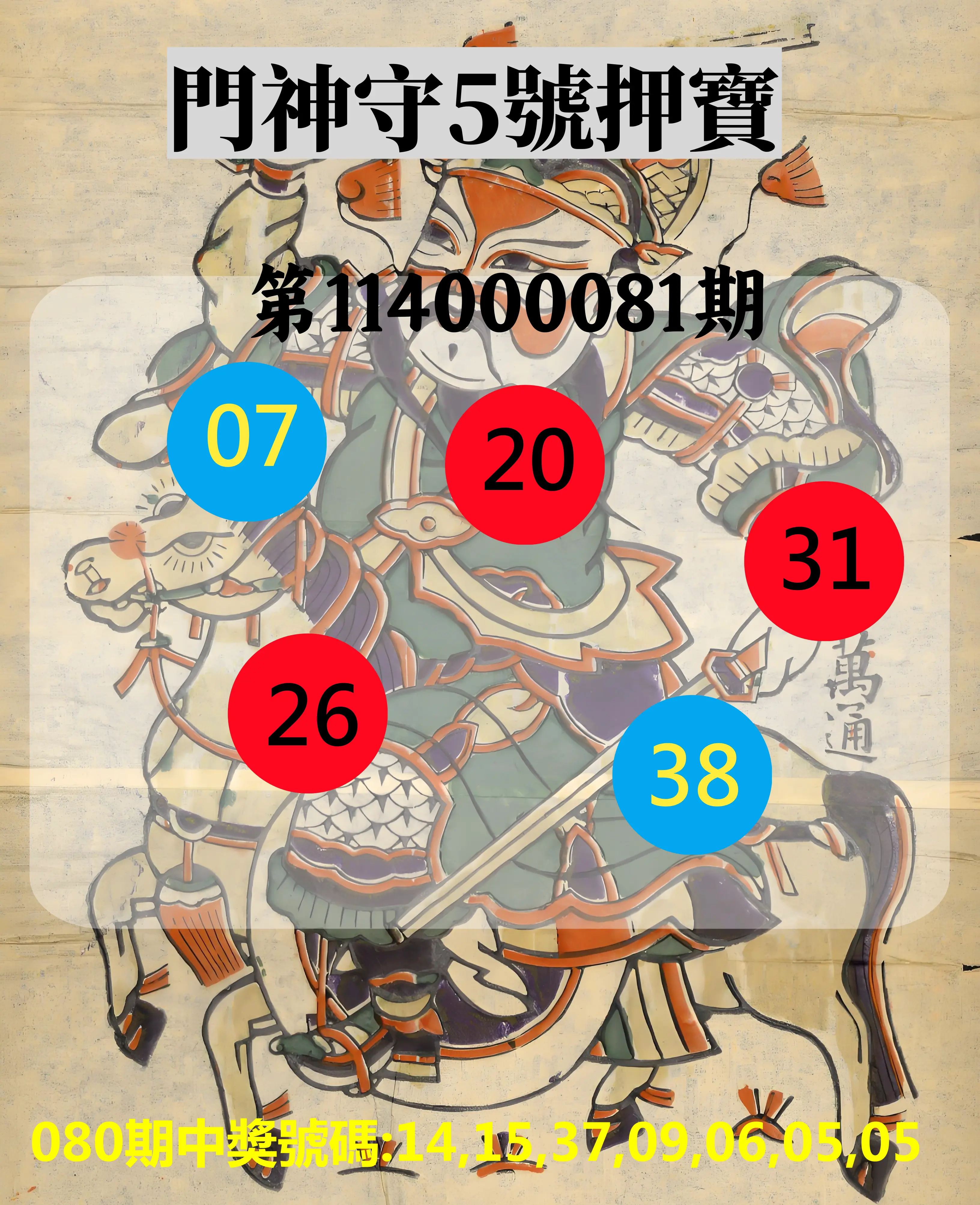 威力彩第114000081期(10/09)門神守5號押寶