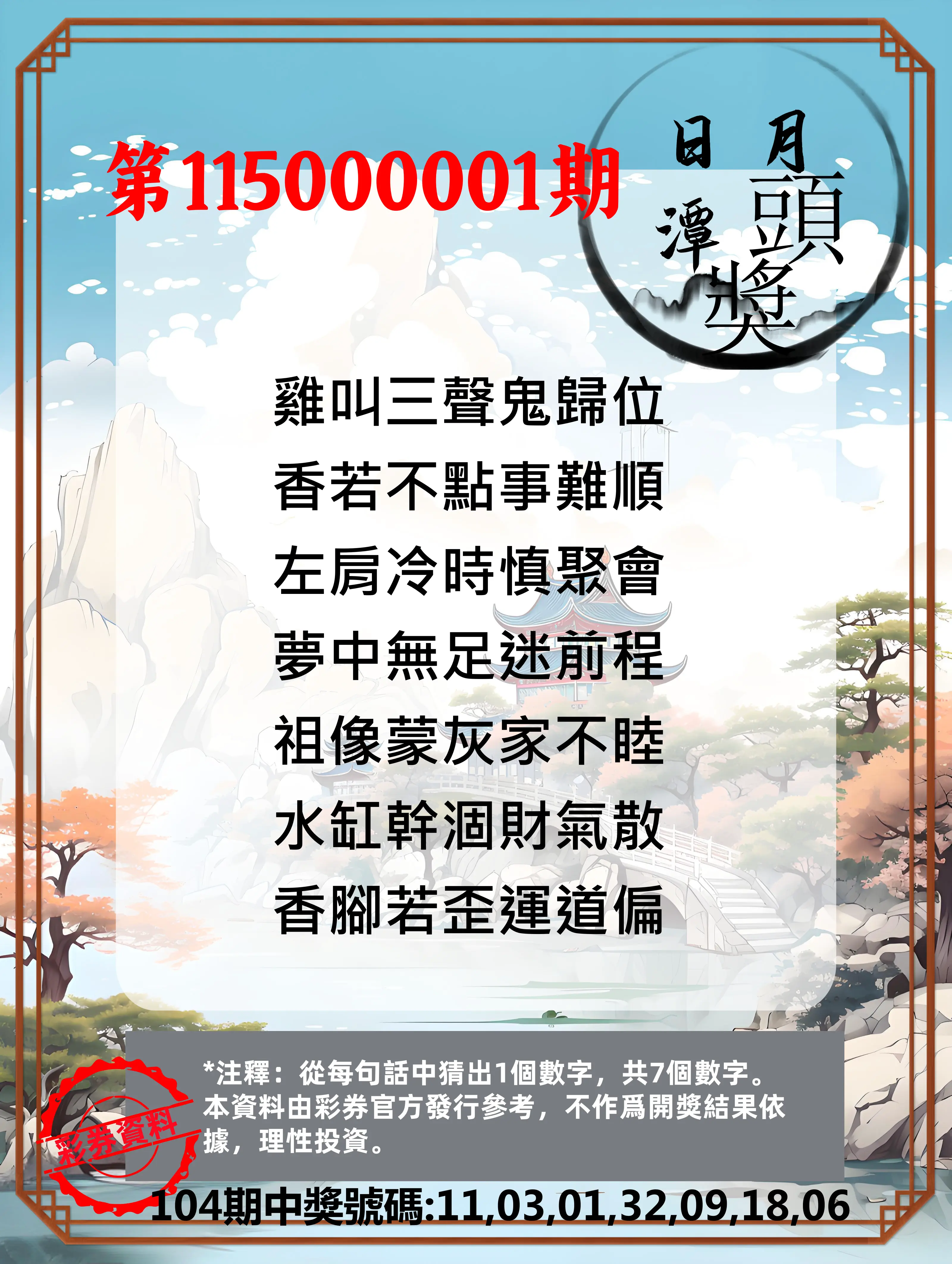 威力彩第115000001期(01/01)日月潭头奖竞猜