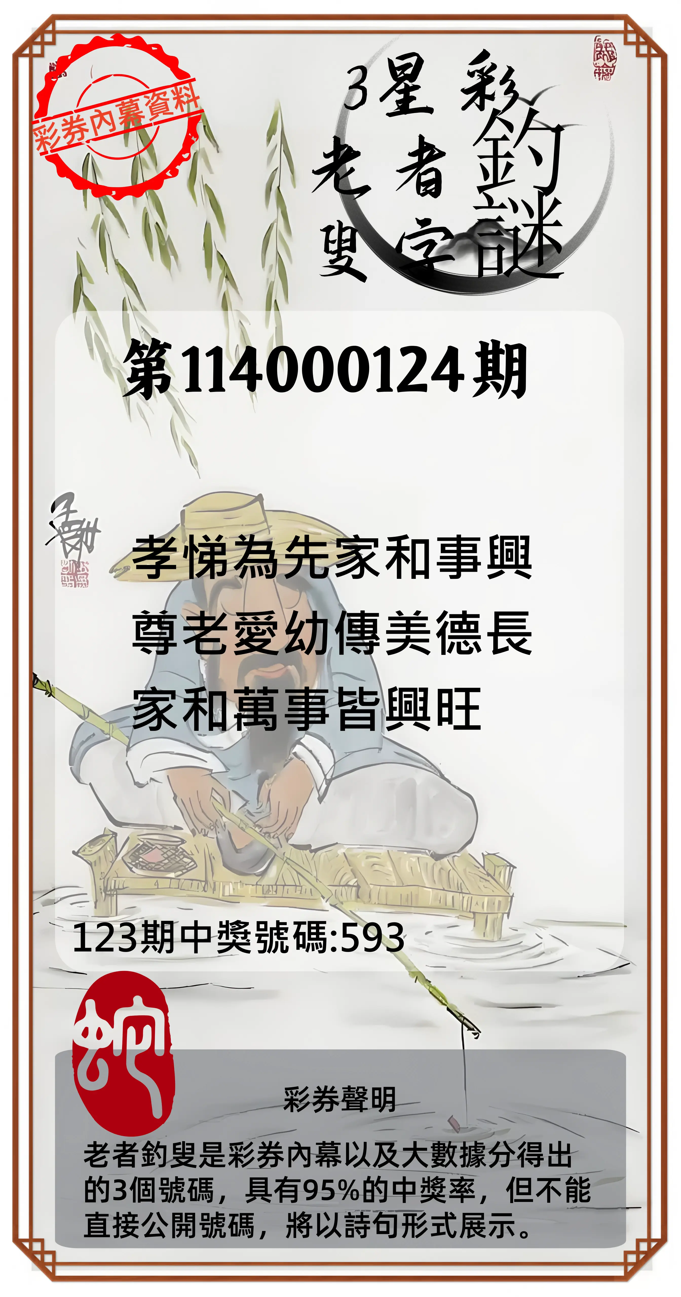 3星彩第114000124期老者釣叟頭獎