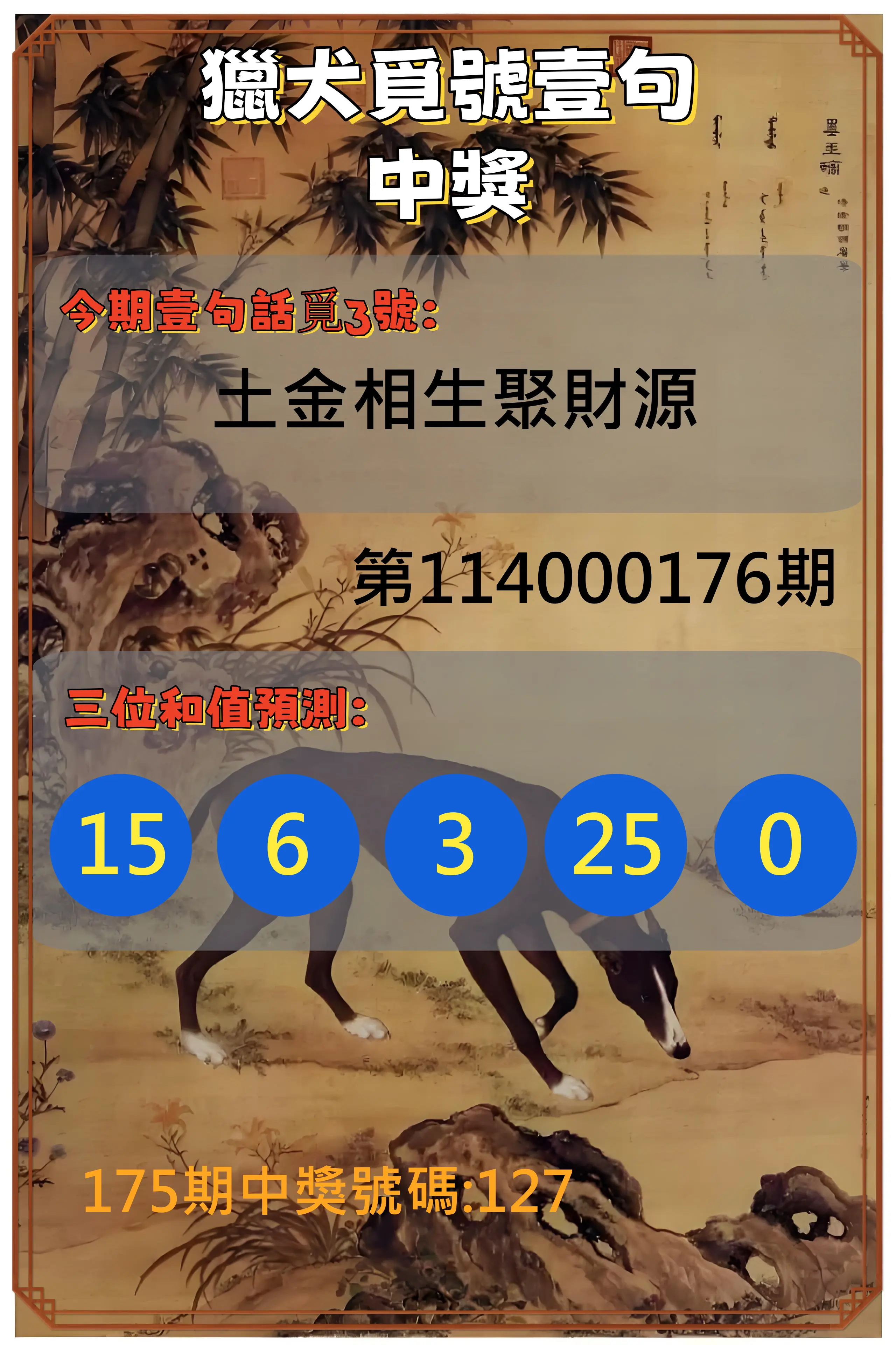 3星彩第114000176期(07/21)獵犬覓號壹句中獎