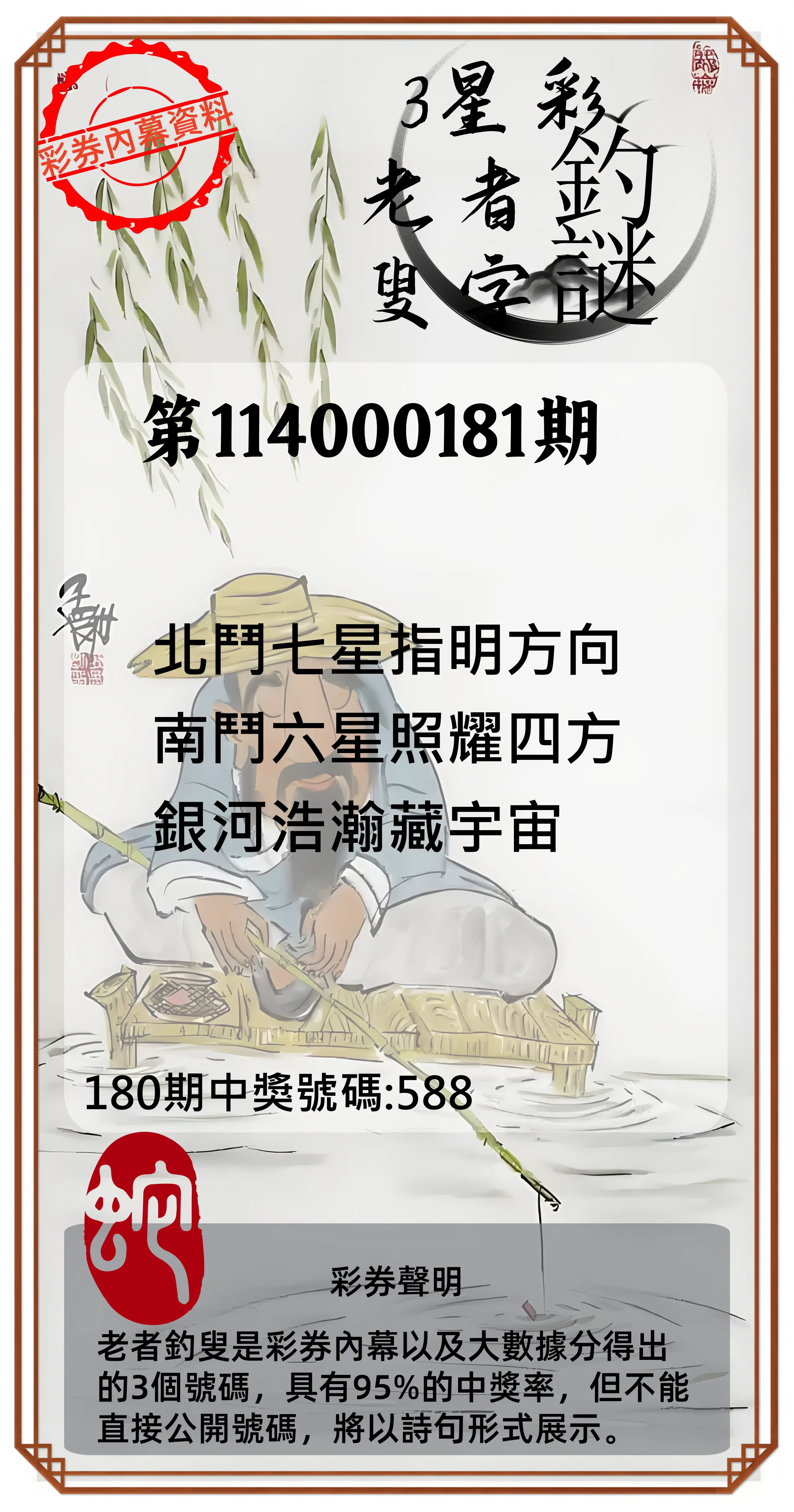 3星彩第114000181期(07/26)老者釣叟頭獎