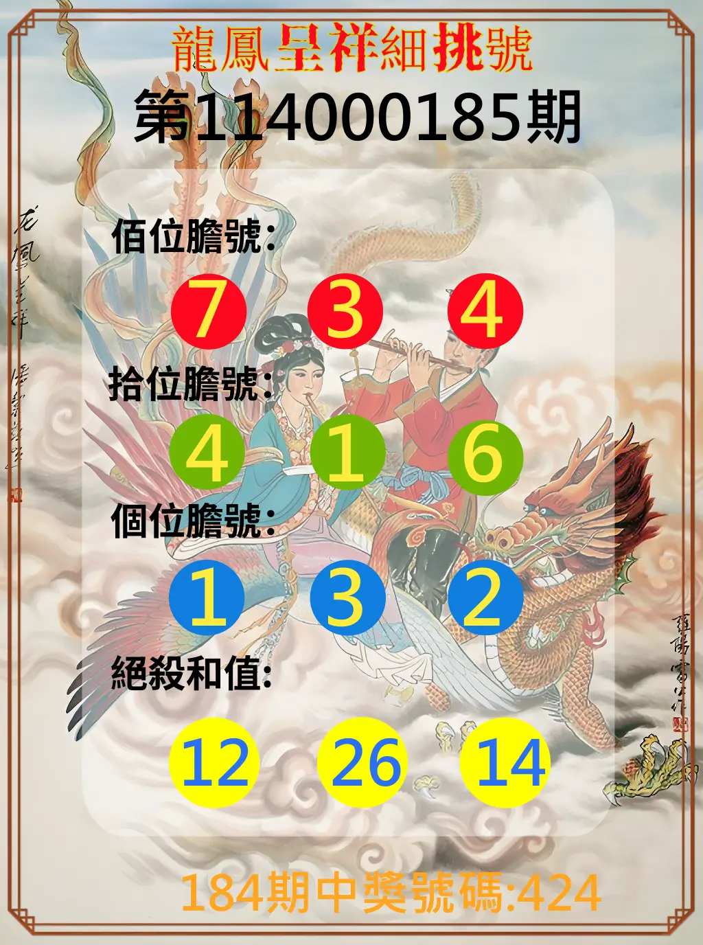 3星彩第114000185期(07/31)龍鳳呈祥細挑號