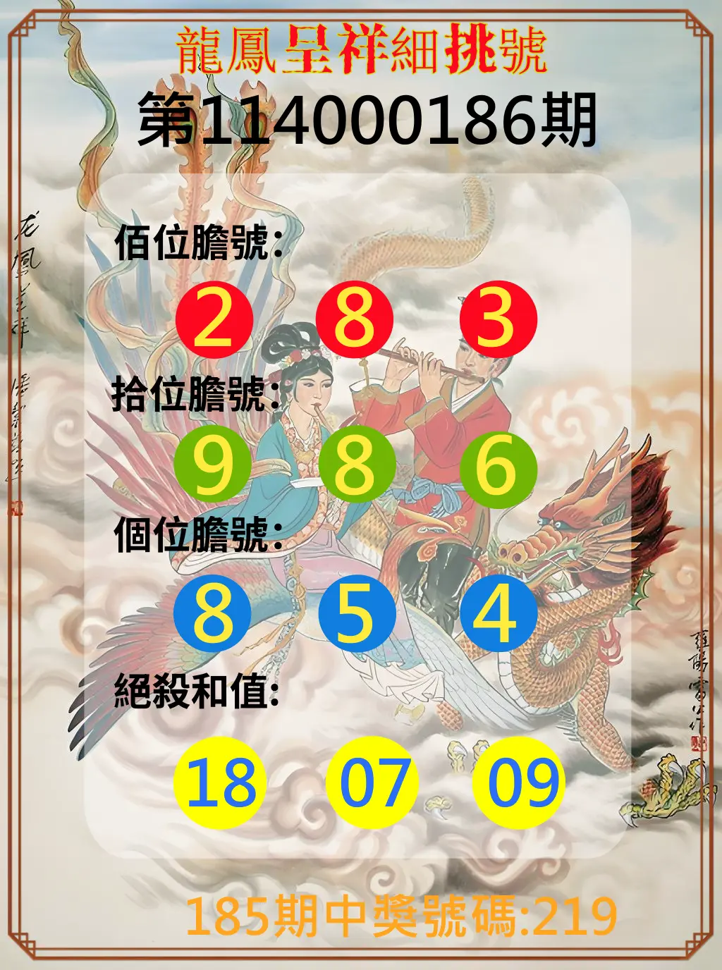 3星彩第114000186期(08/01)龍鳳呈祥細挑號