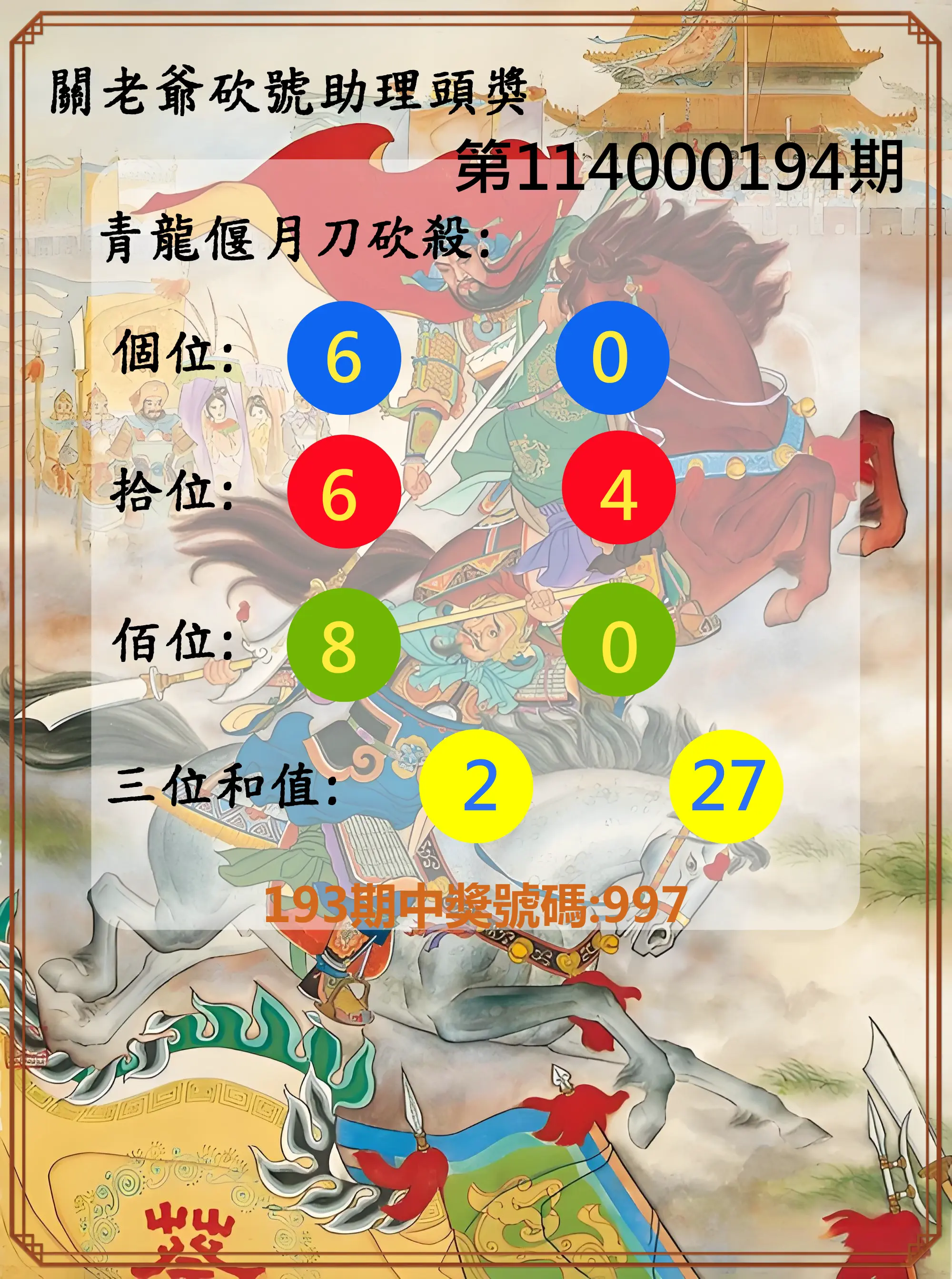 3星彩第114000194期(08/11)關老爺砍號助理頭獎