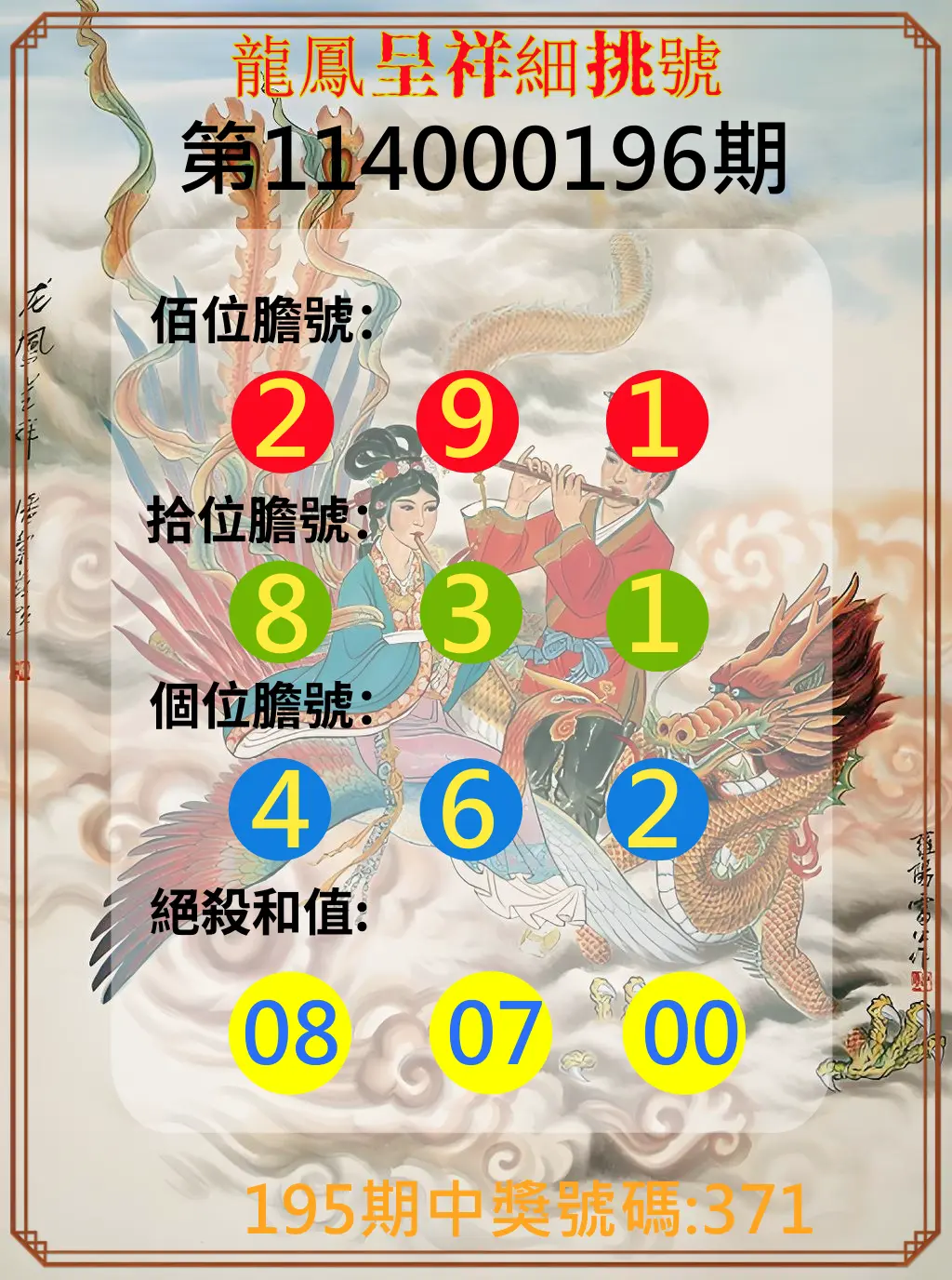 3星彩第114000196期(08/13)龍鳳呈祥細挑號
