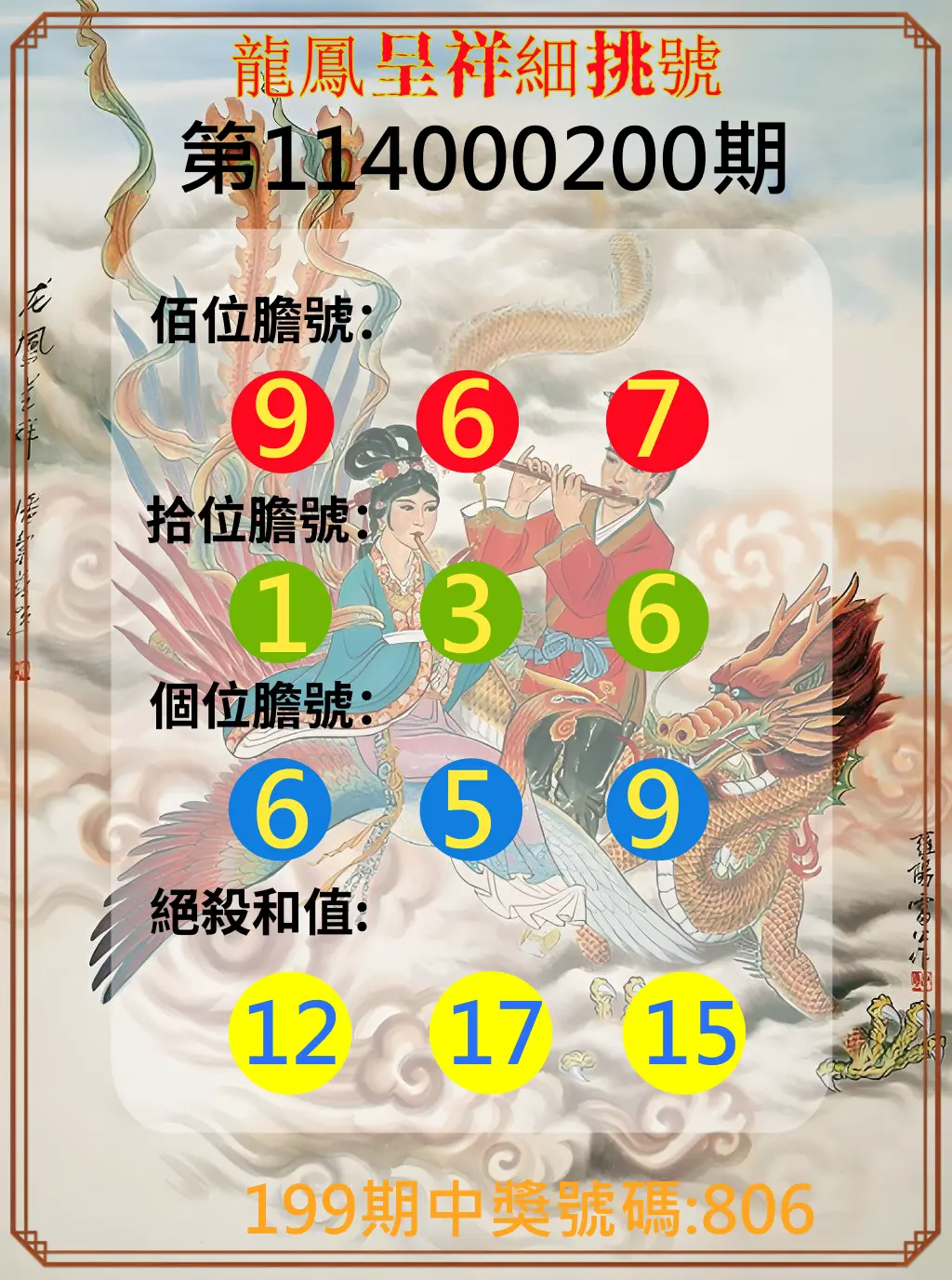 3星彩第114000200期(08/18)龍鳳呈祥細挑號