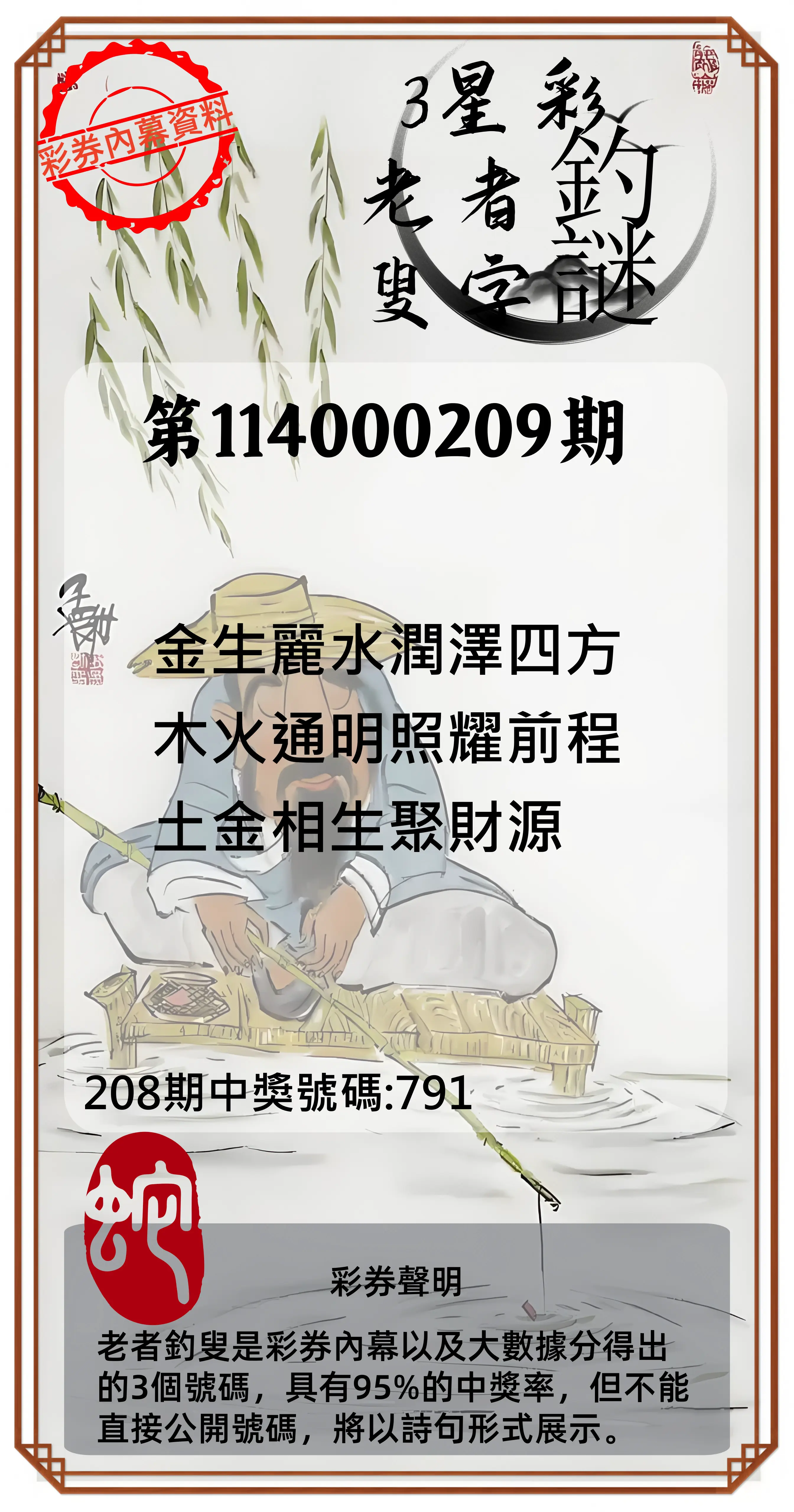 3星彩第114000209期(08/28)老者釣叟頭獎