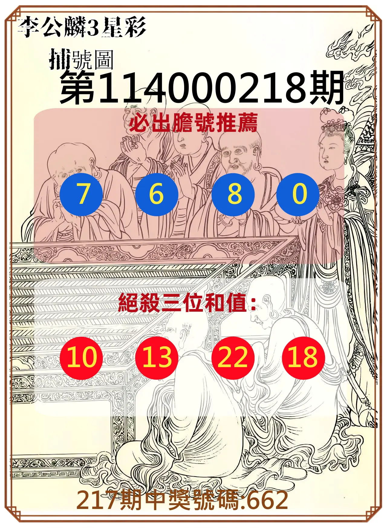 3星彩第114000218期(09/08)李公麟3星彩捕號圖