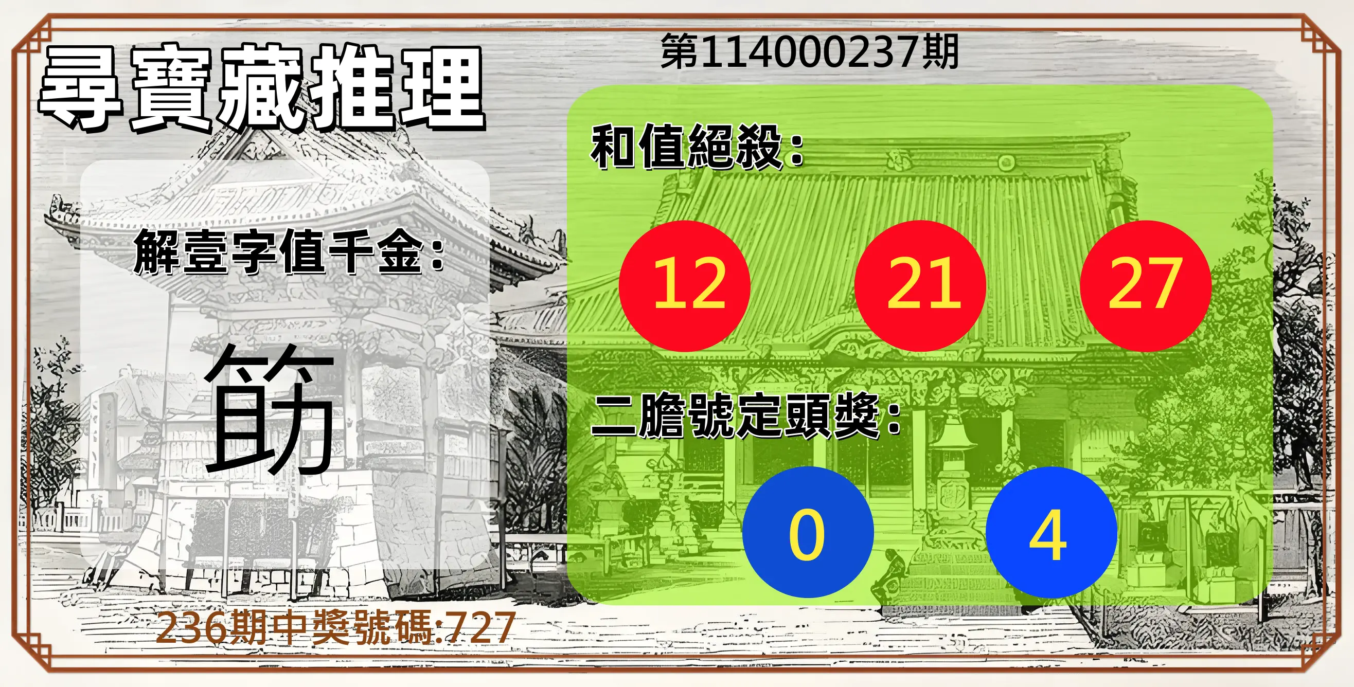 3星彩第114000237期(09/30)尋寶藏推理