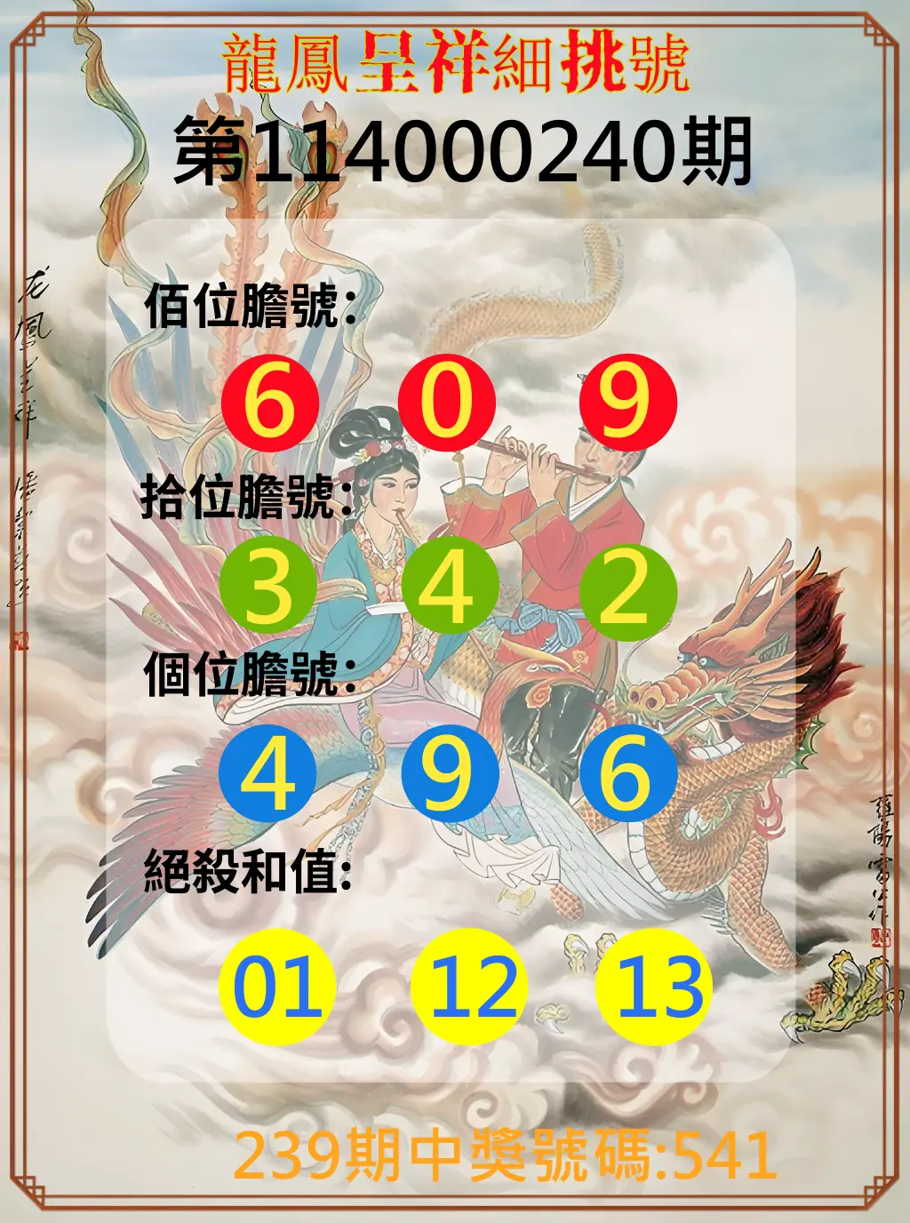 3星彩第114000240期(10/03)龍鳳呈祥細挑號