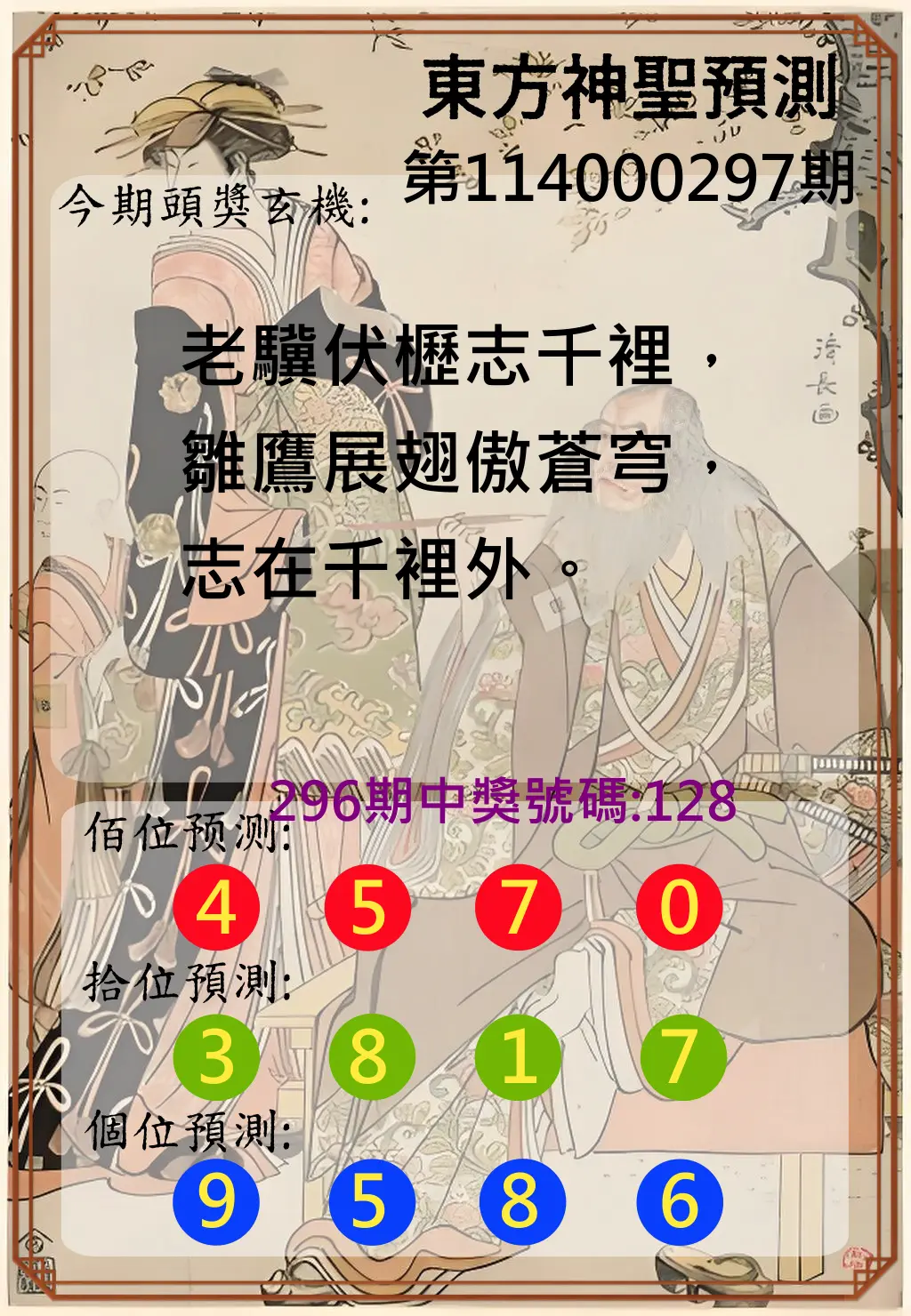 3星彩第114000297期(12/09)東方神聖預測