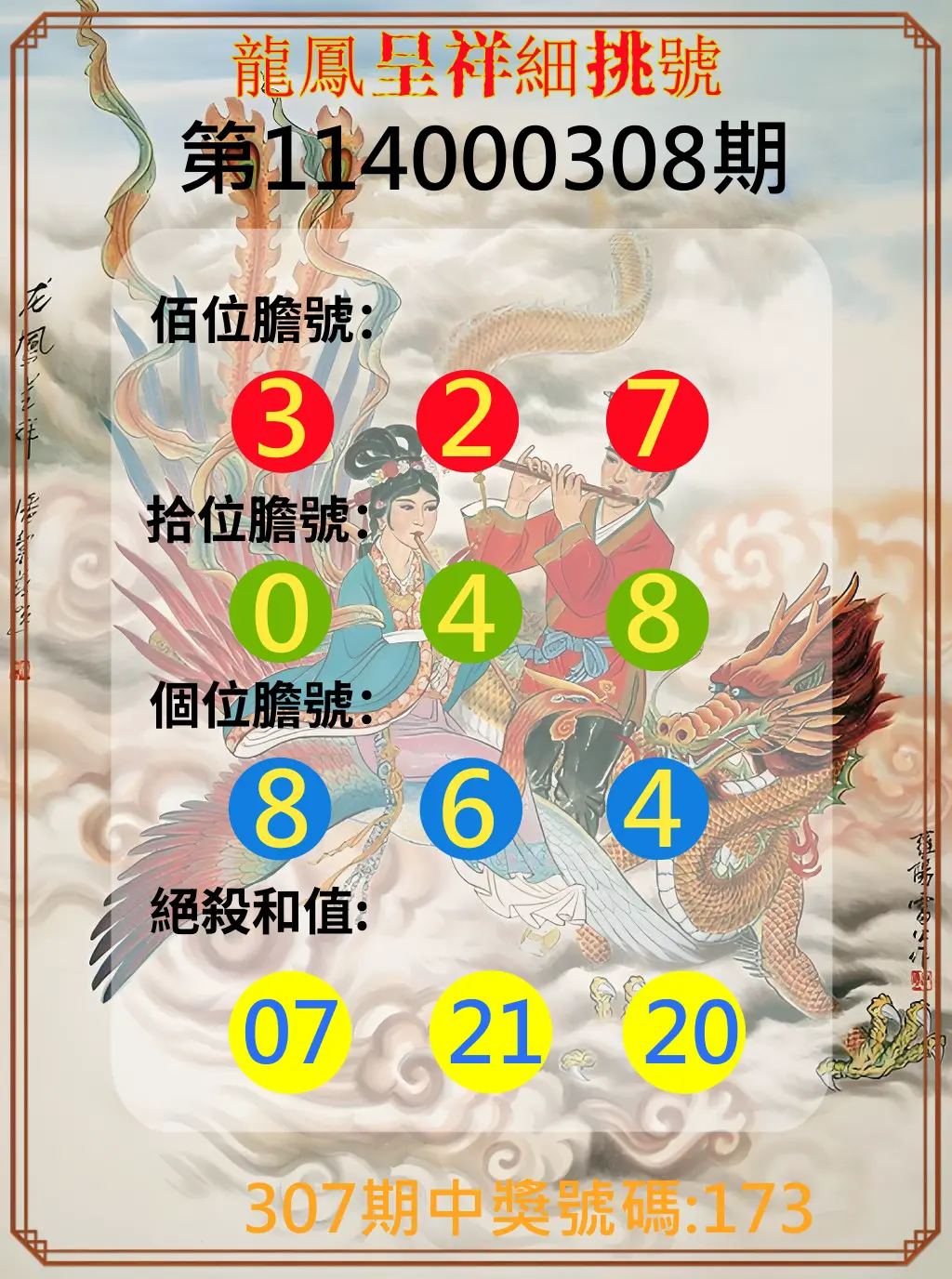 3星彩第114000308期(12/22)龍鳳呈祥細挑號