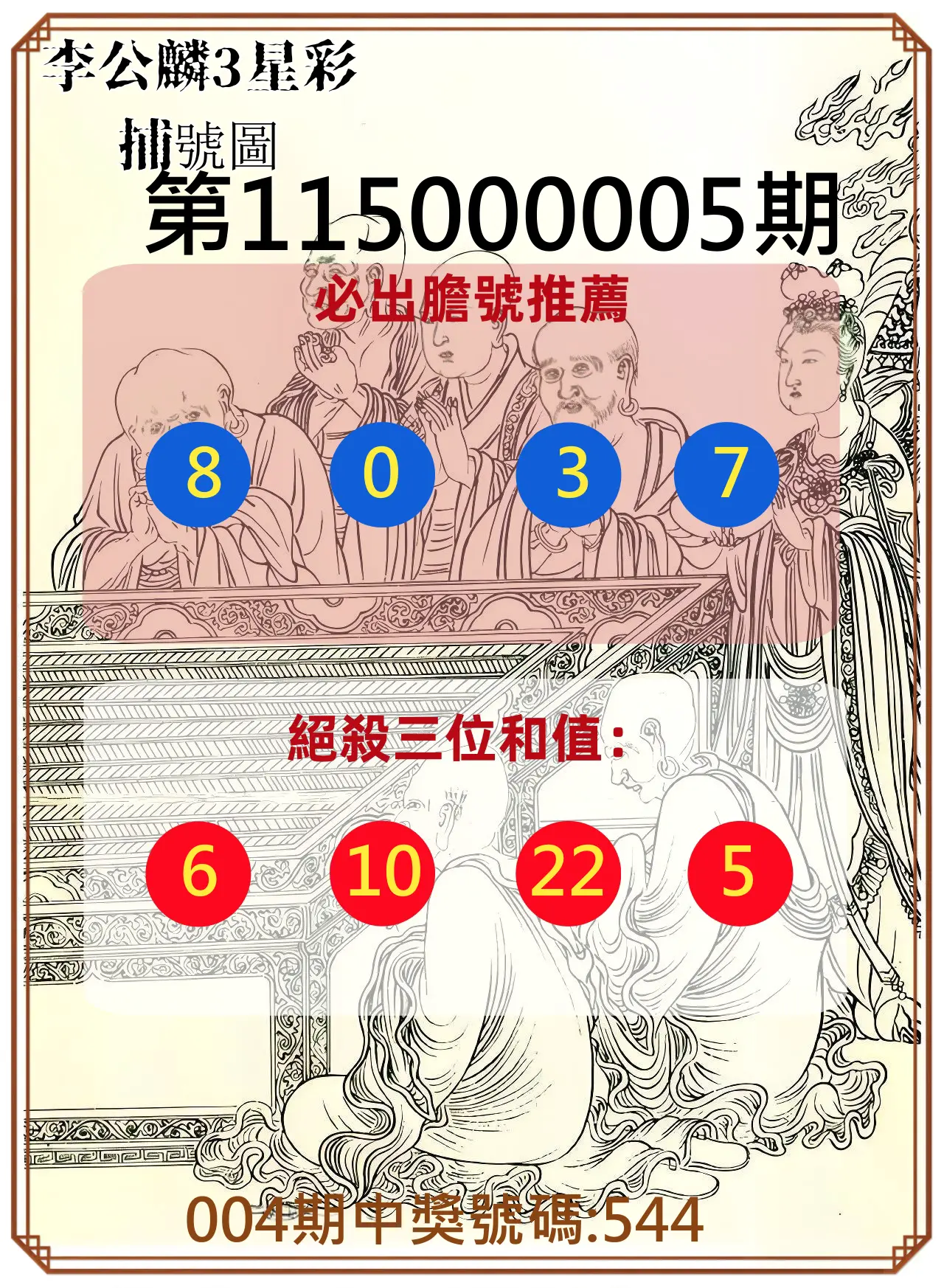 3星彩第115000005期(01/06)李公麟3星彩捕號圖
