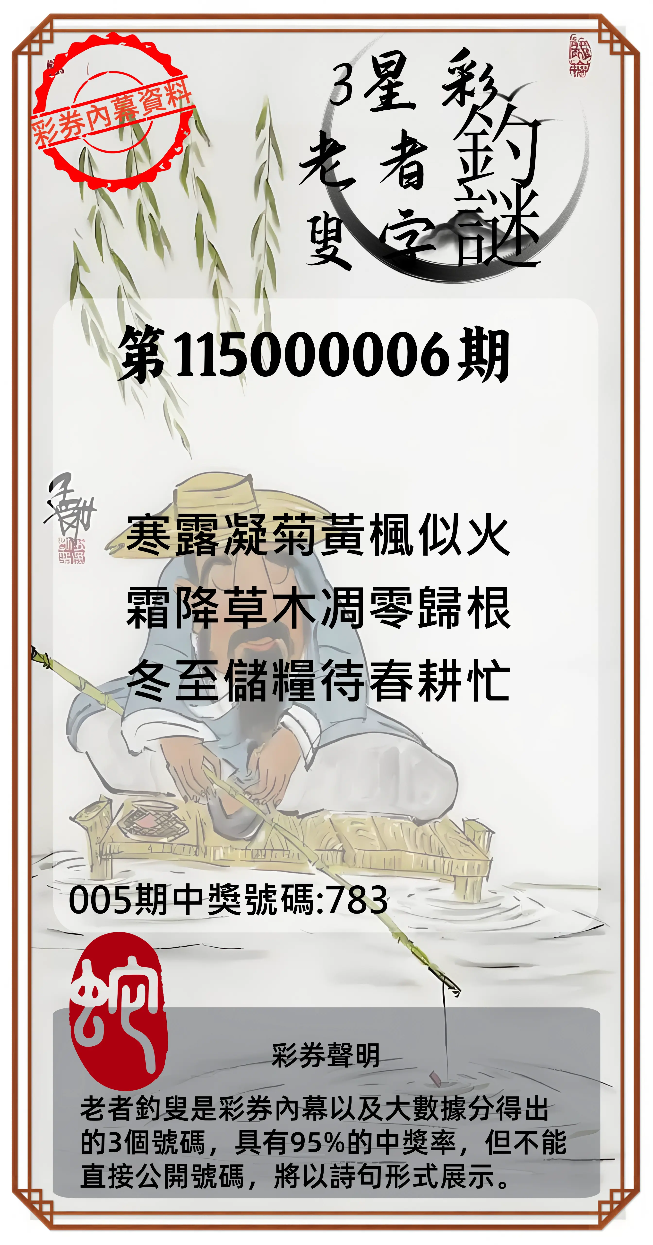 3星彩第115000006期(01/07)老者釣叟頭獎