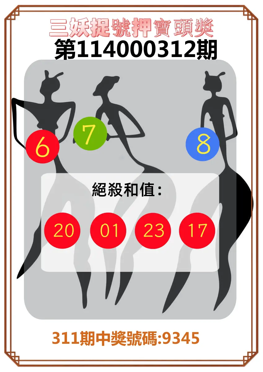 4星彩第114000312期(12/26)三妖捉號押寶頭獎