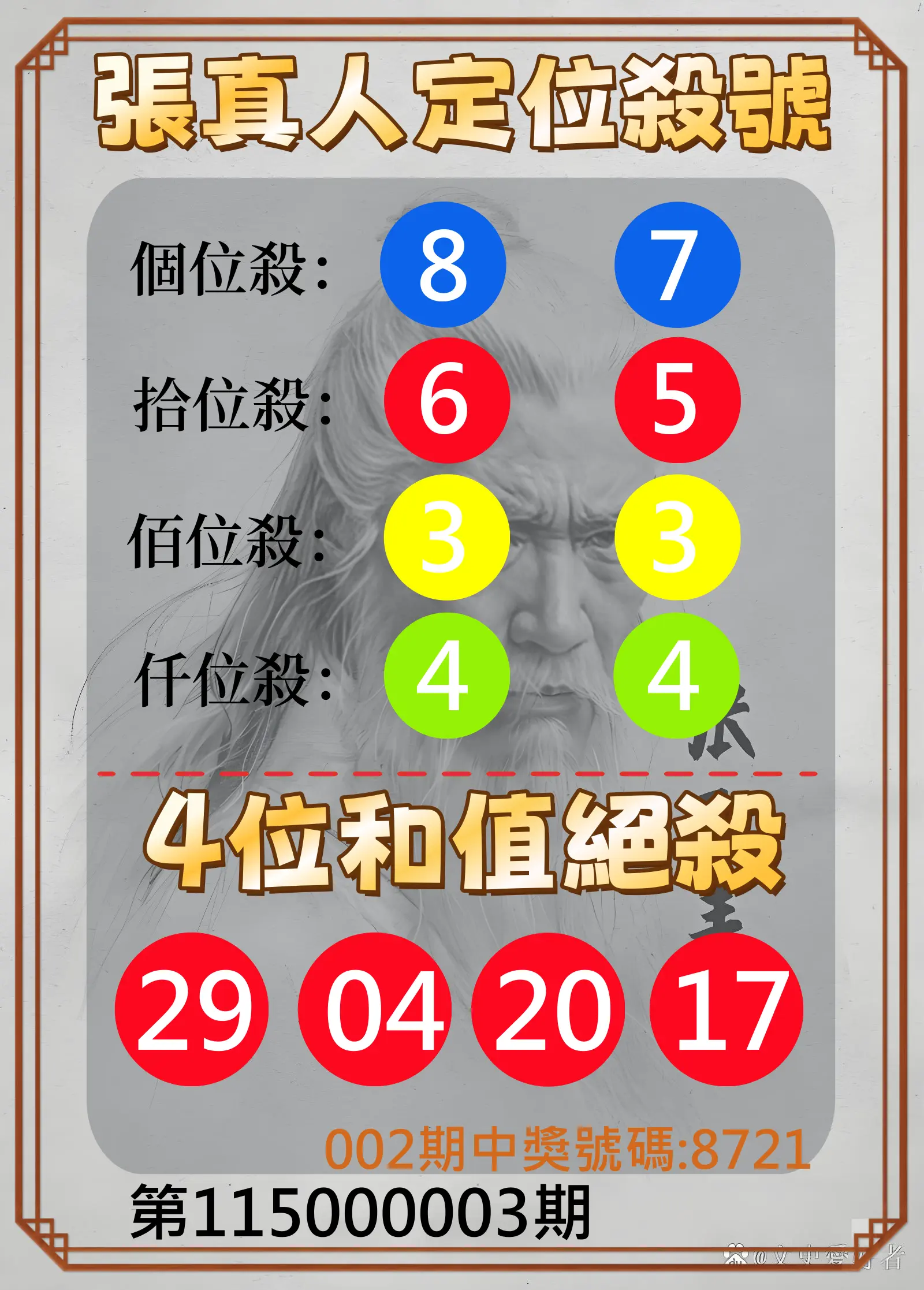 4星彩第115000003期(01/03)張真人定位殺號