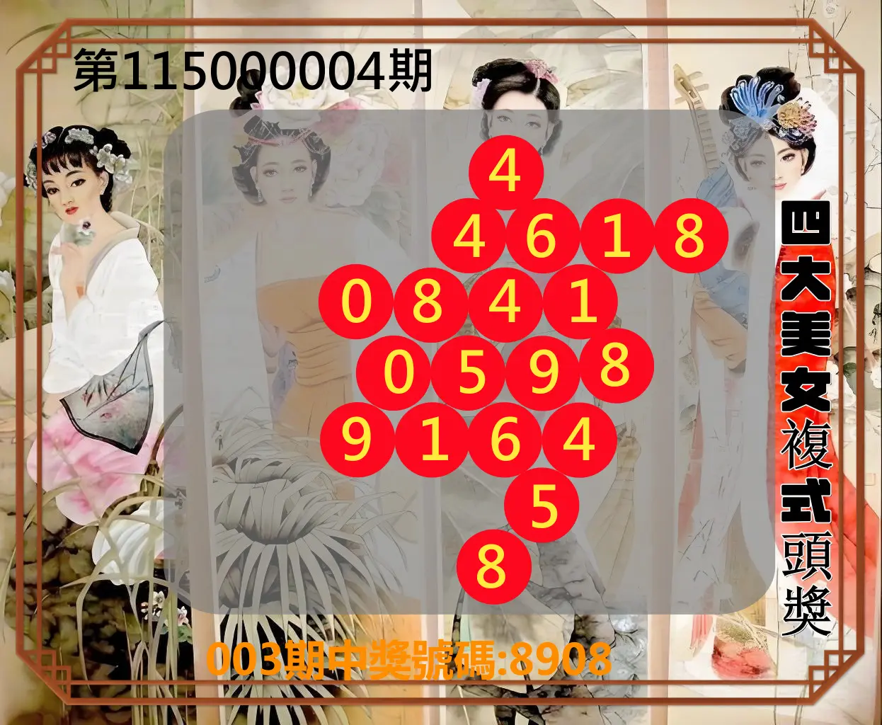 4星彩第115000004期(01/05)四大美女複式頭獎