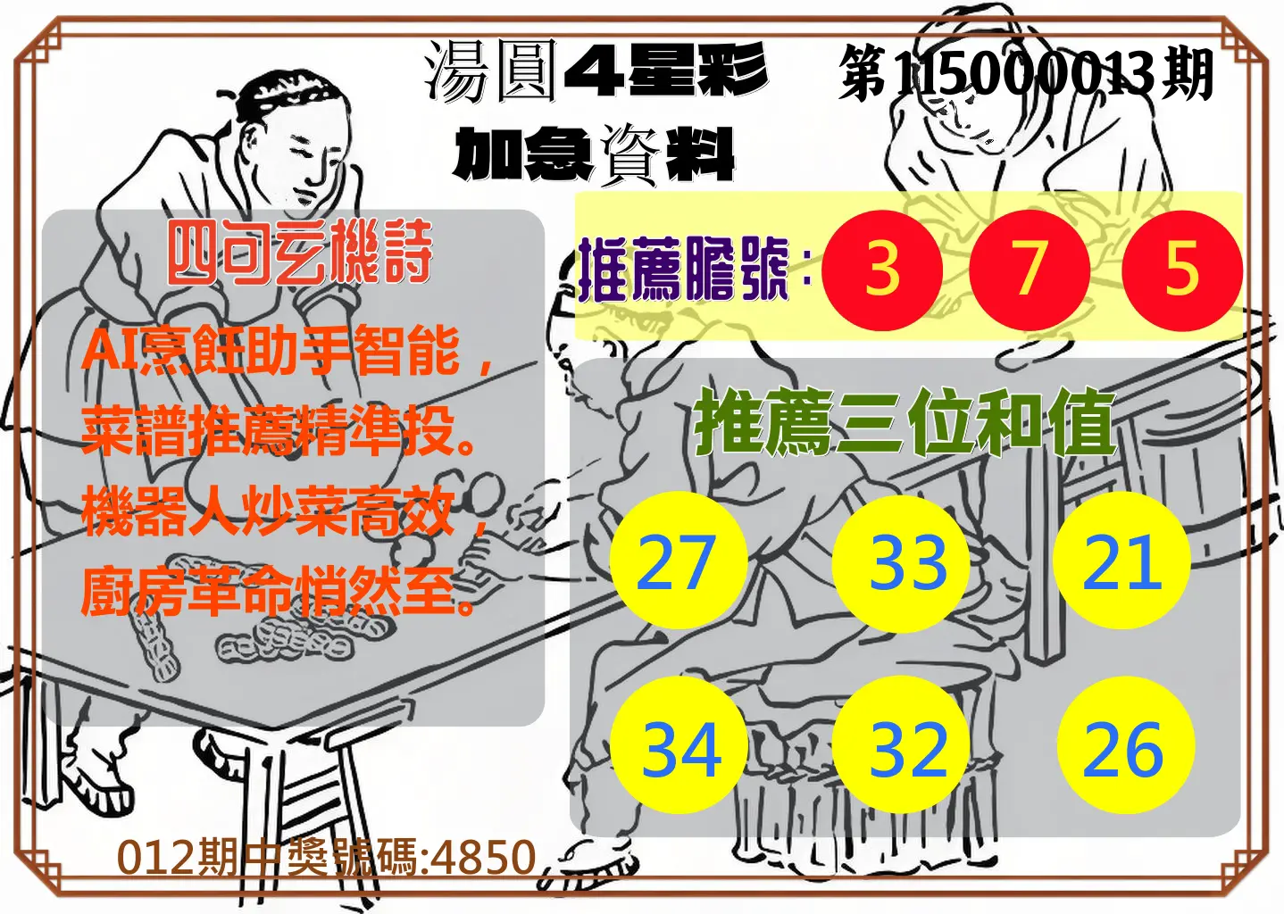 4星彩第115000013期(01/15)湯圓4星彩加急資料